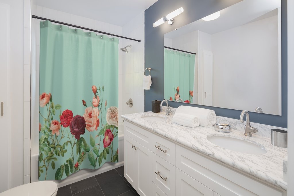Rose Garden in Teal – Elegant Floral Shower Curtain