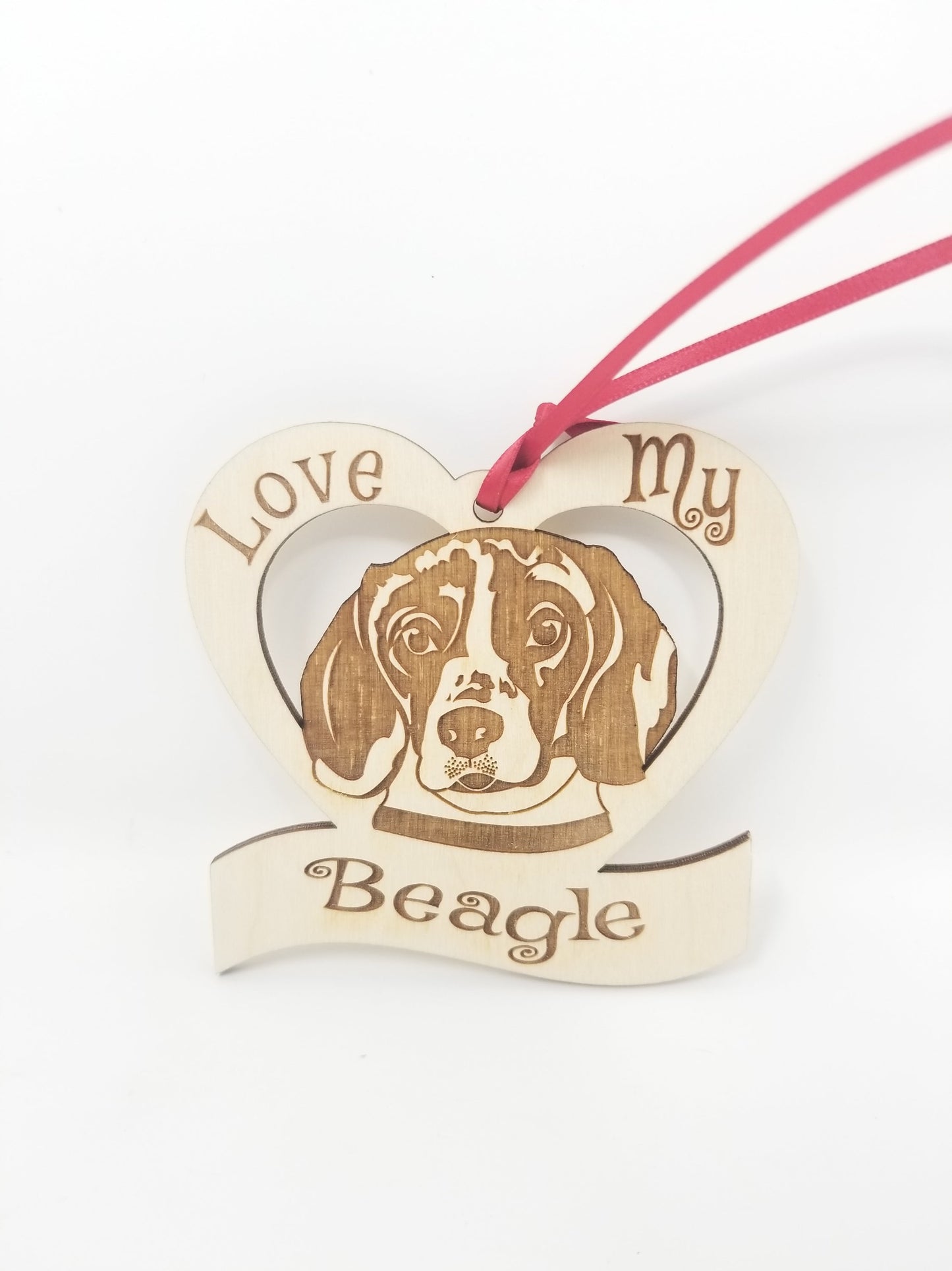 Love My Beagle β Laser Engraved Wooden Heart Ornament