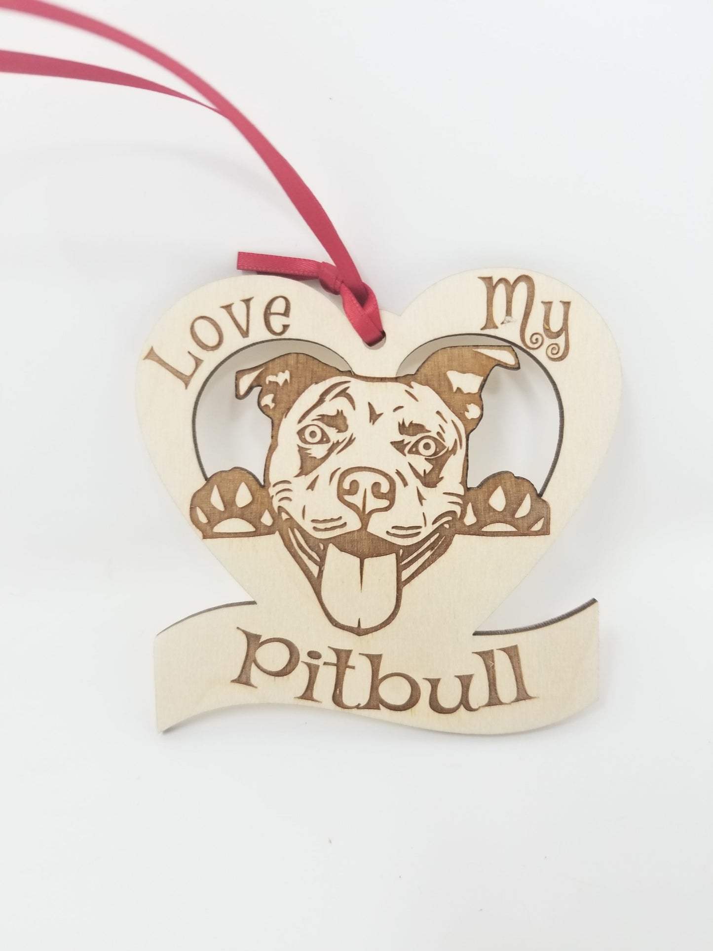 Love My Pitbull ā Laser Engraved Wooden Heart Ornament