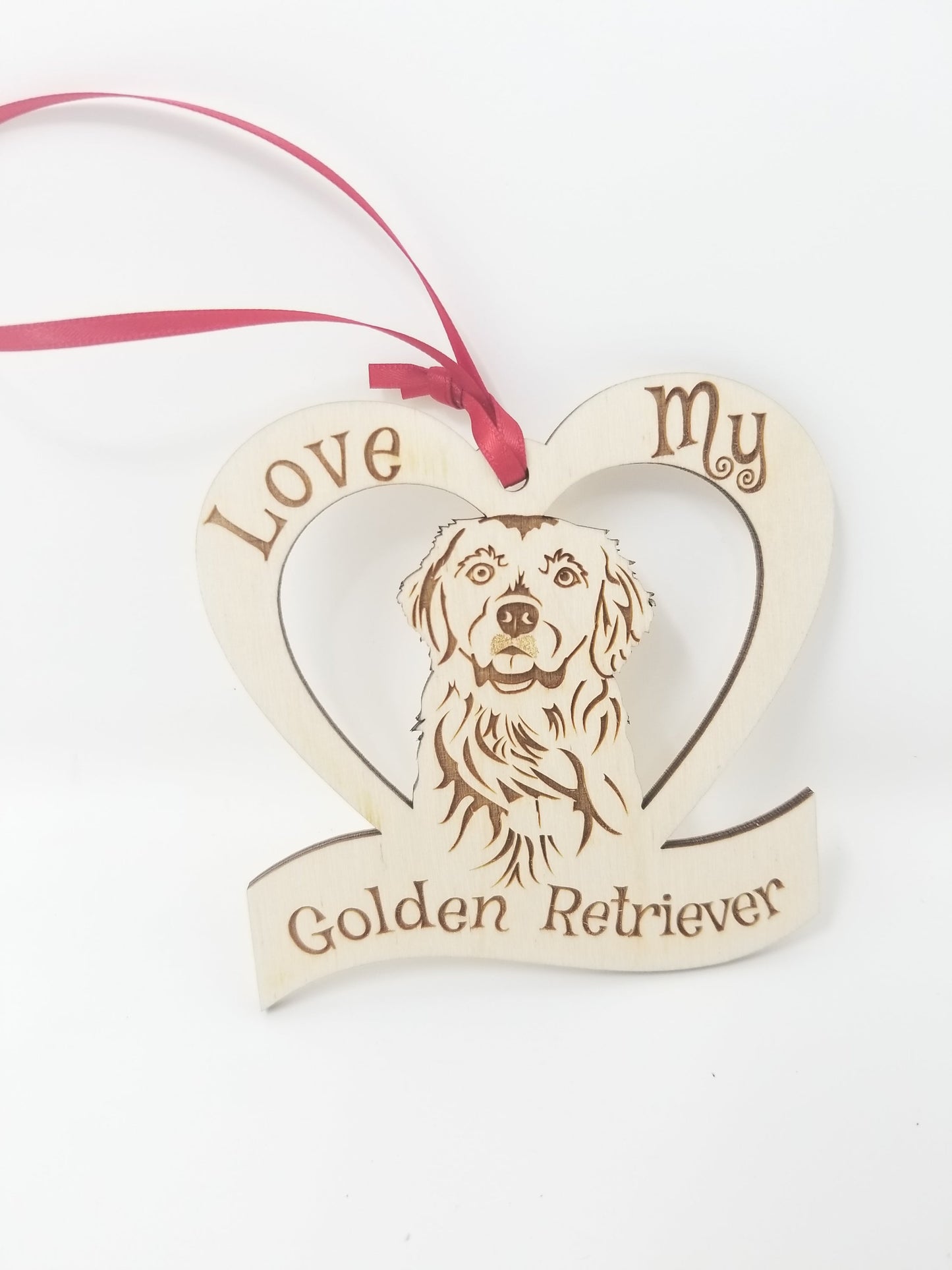 Love My Golden Retriever ā Laser Engraved Wooden Heart Ornament