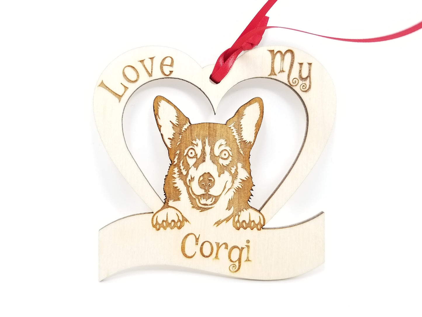 Love My Corgi β Laser Engraved Wooden Heart Ornament