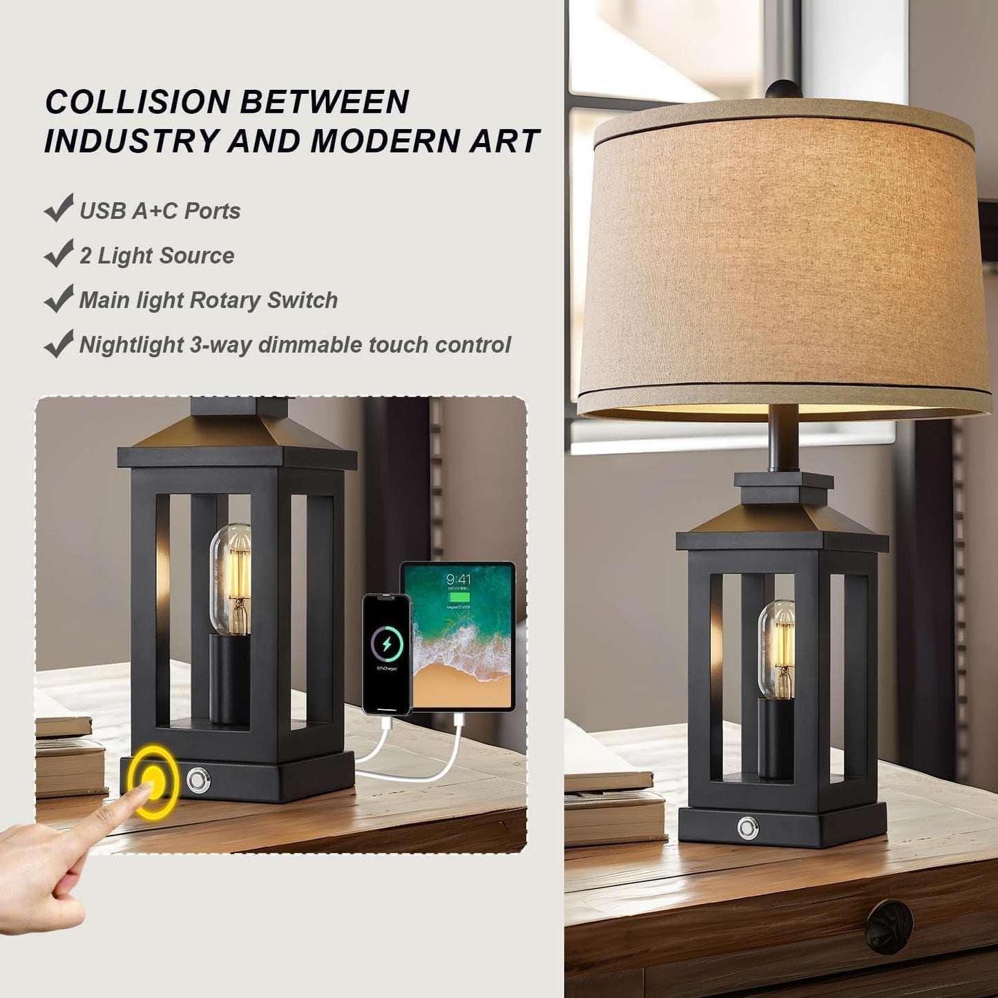 Retro Black Touch Control Table Lamps – Set of 2 Dimmable Dual-Light with USB