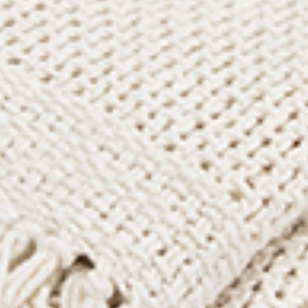 White Cotton Knitted Throw Blanket with Fringe