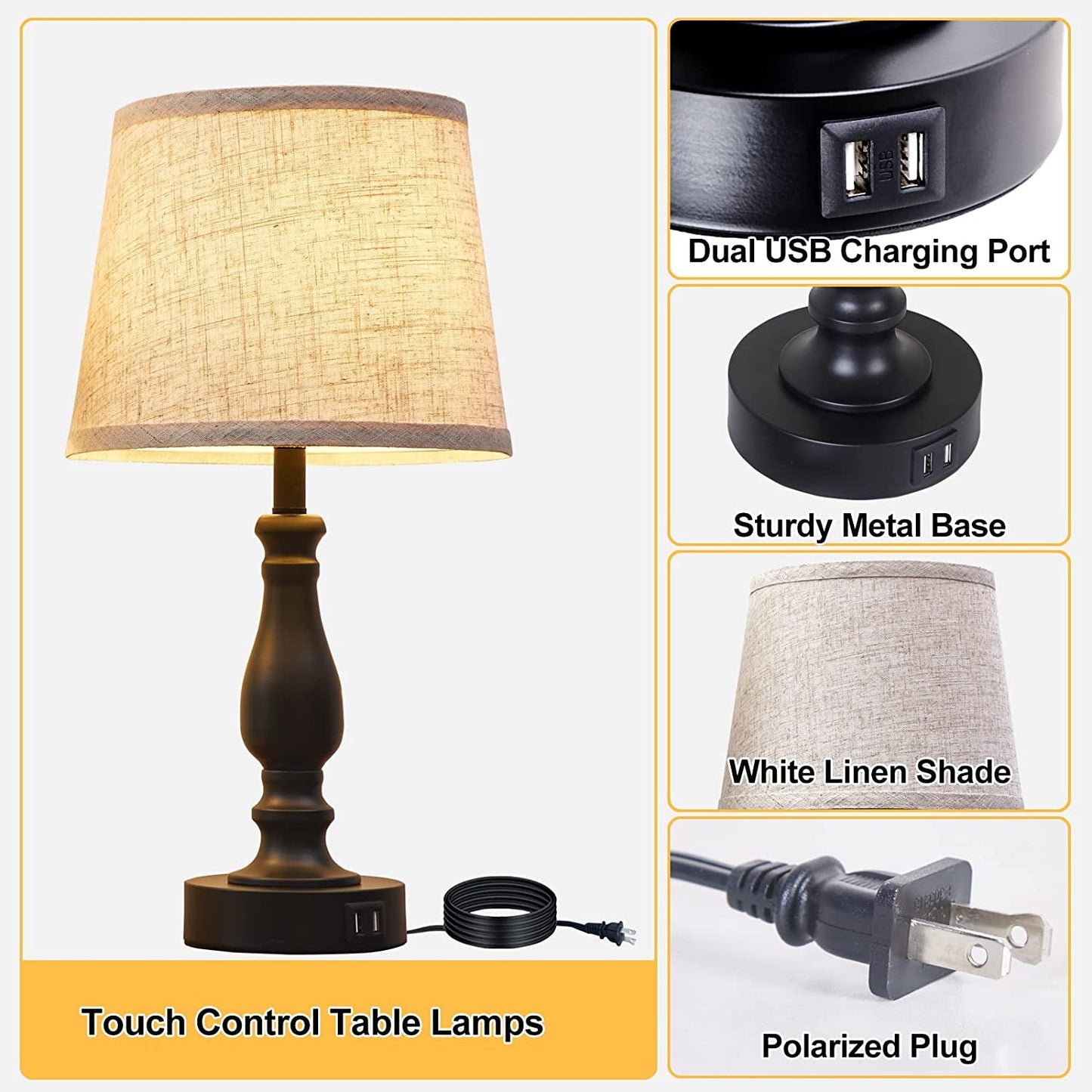 Table Lamps for Bedroom – Set of 2 with USB Charging Ports