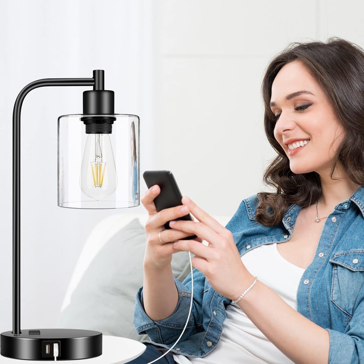Industrial Touch Control Table Lamps – Set of 2 Dimmable with Dual USB & AC Outlet