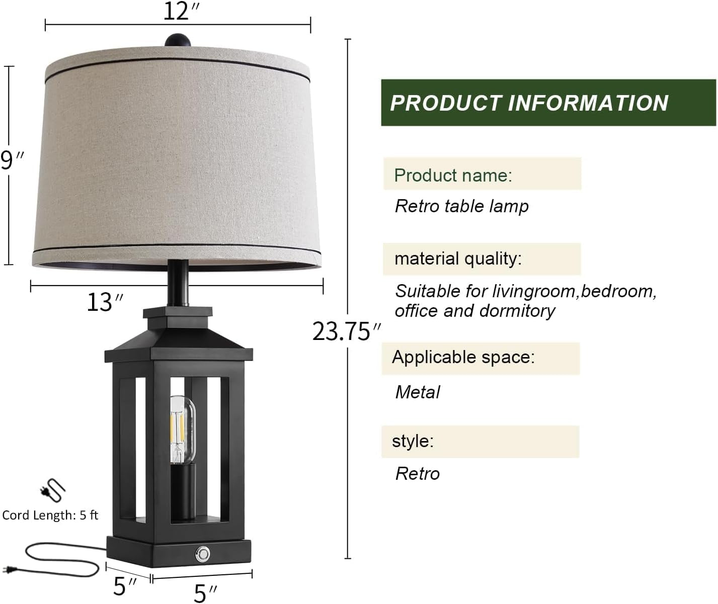Retro Black Touch Control Table Lamps – Set of 2 Dimmable Dual-Light with USB