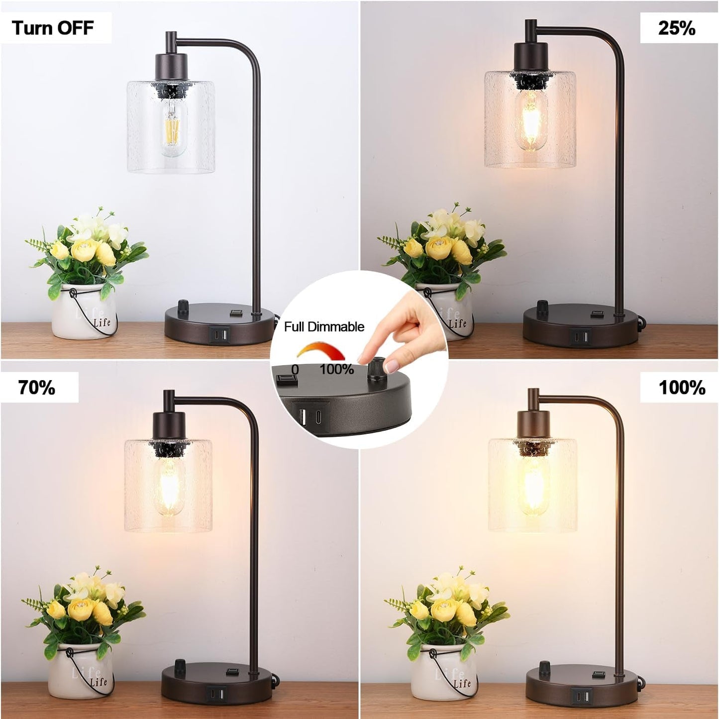 Industrial Oil-Rubbed Bronze Table Lamps β Set of 2, Stepless Dimmable with USB Ports