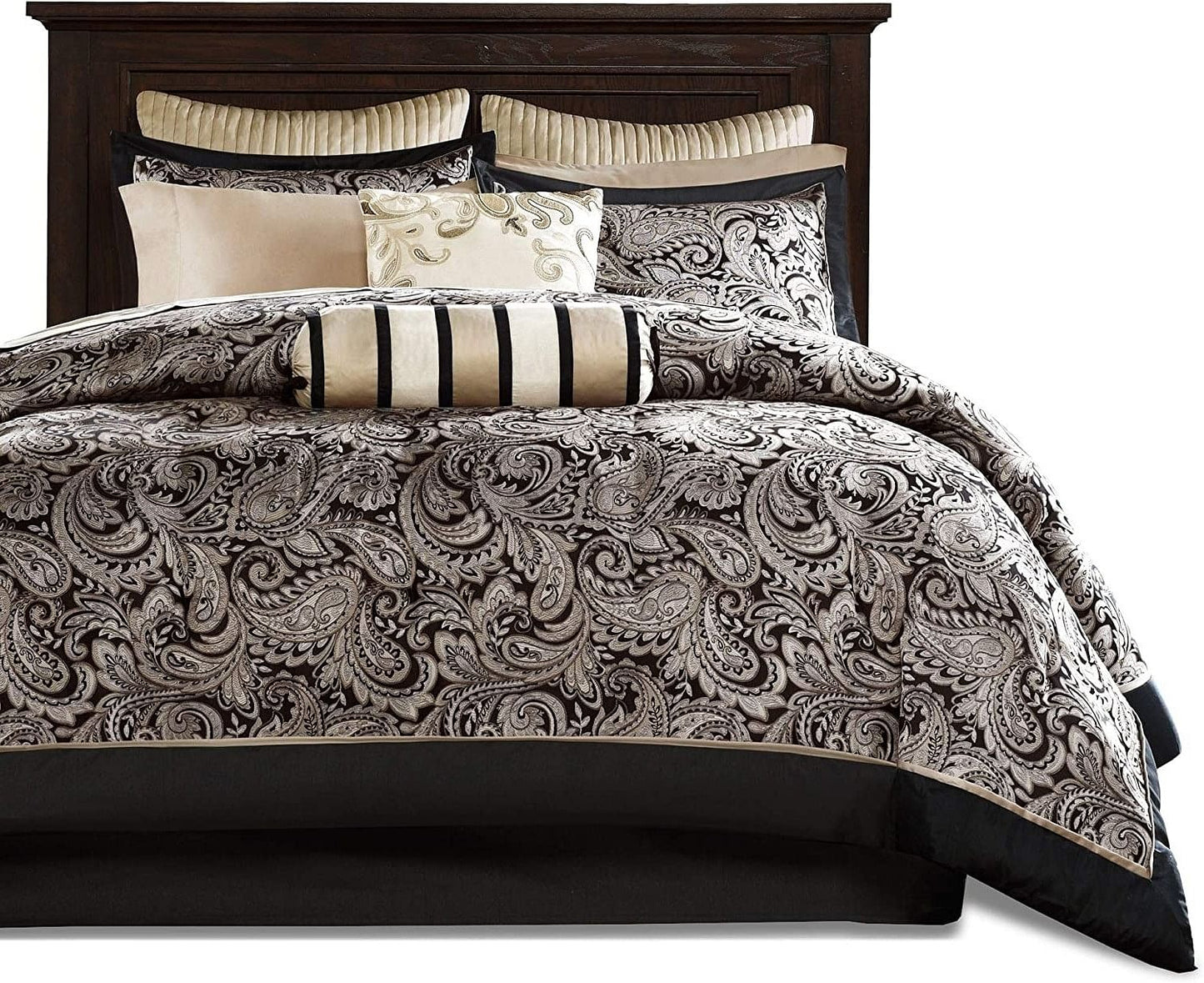 King 12-Piece Comforter Set – Black Gold Paisley