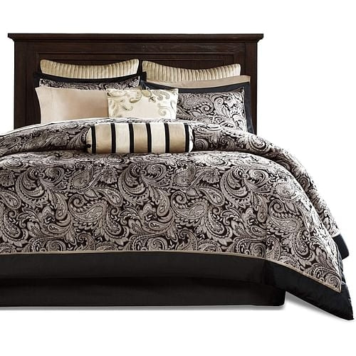 King 12-Piece Comforter Set – Black Gold Paisley