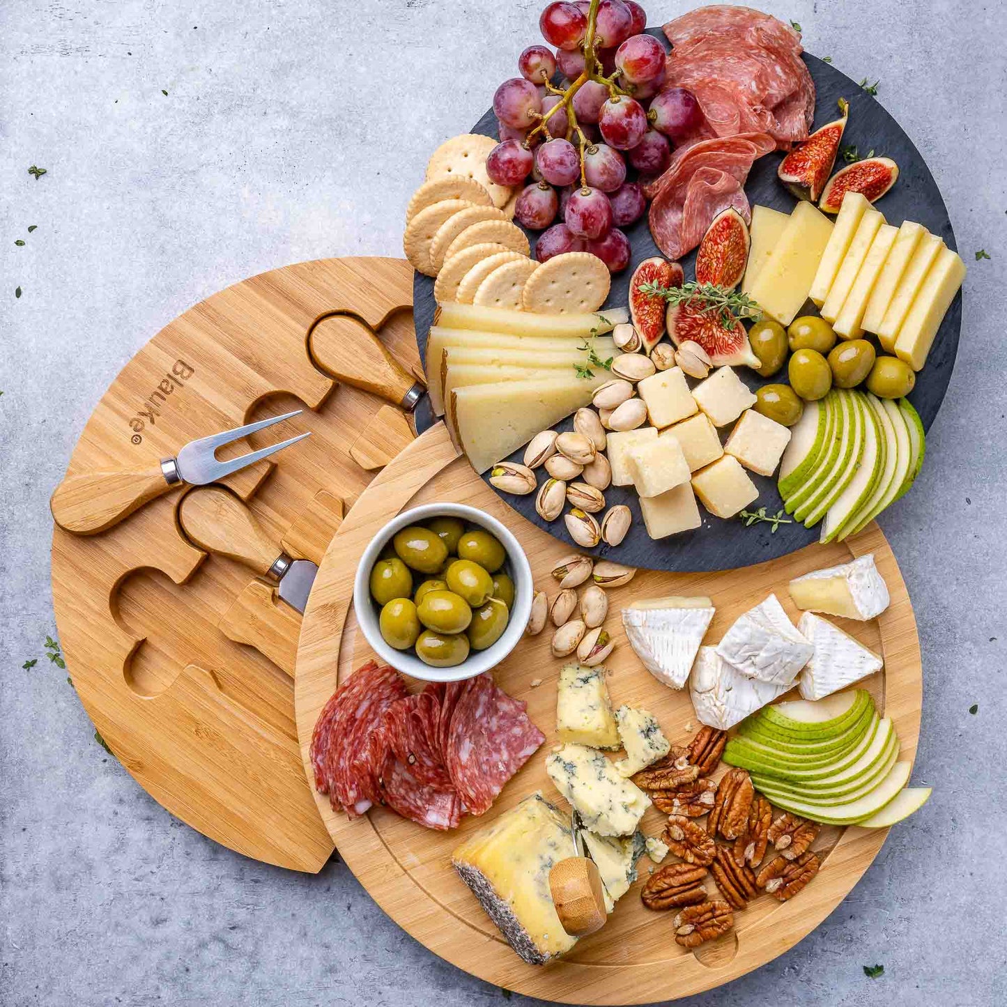 Round Bamboo Cheese Board with Knife Set & Removable Slate – 12"