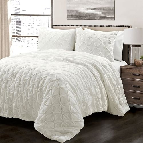 King Size Soft Pleated Cotton 3-Piece Comforter Set – White