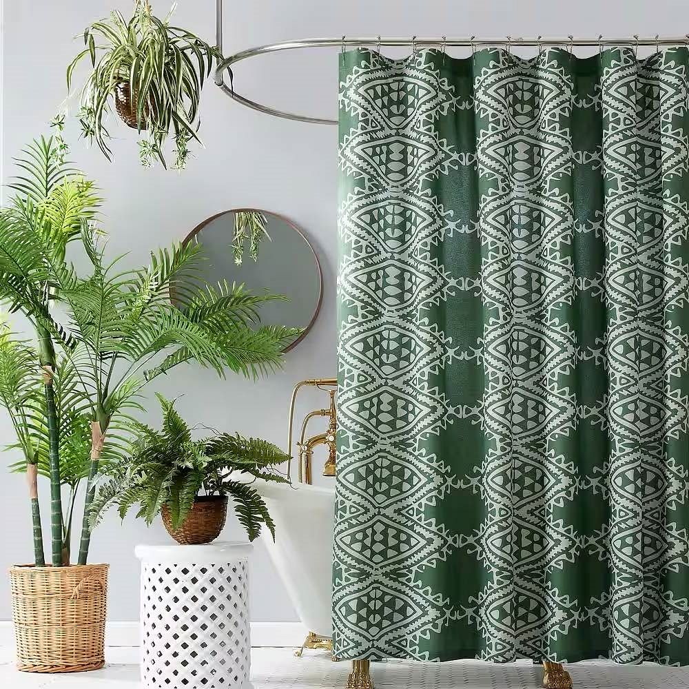 Green & White Geometric – Botanical Boho Shower Curtain