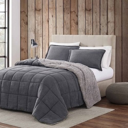 Full/Queen Plush Sherpa Reversible Micro Suede Comforter Set โ Gray