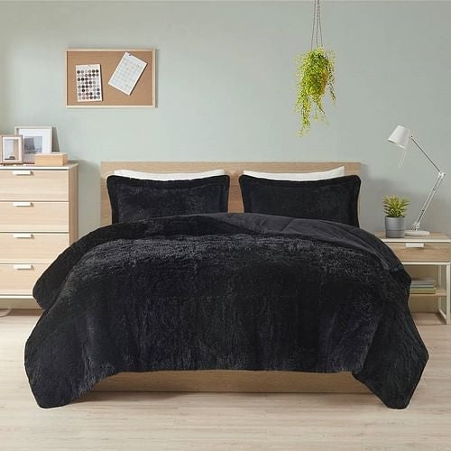 Soft Sherpa Faux Fur Comforter Set – Black (King/CAL King, 3-Piece)
