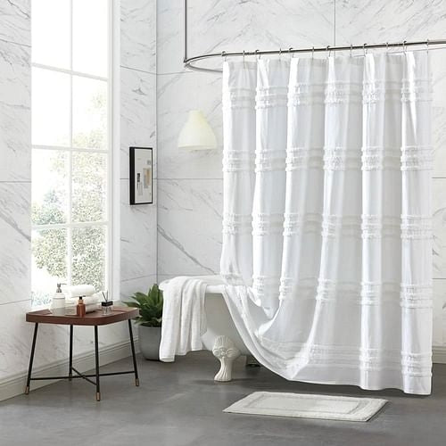 White Cotton Chenille Stripe – Textured Spa-Inspired Shower Curtain