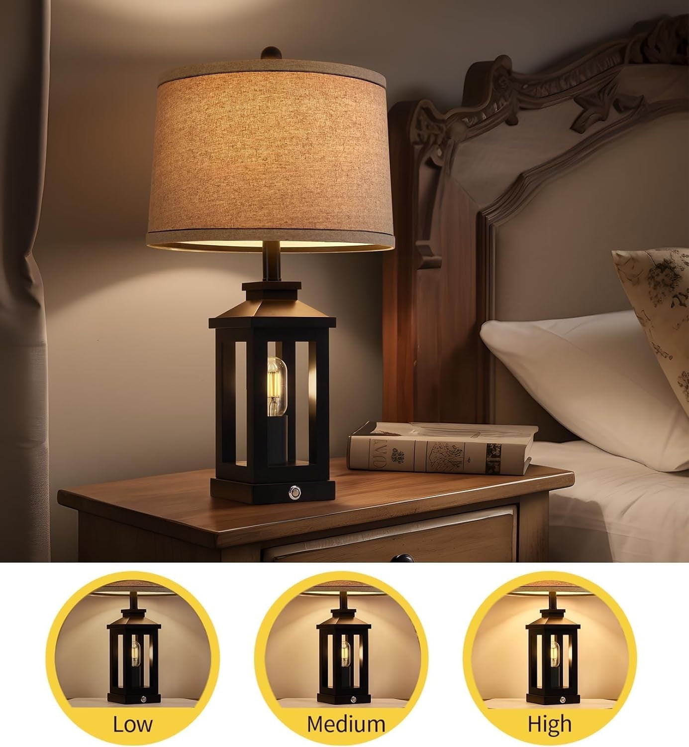 Retro Black Touch Control Table Lamps – Set of 2 Dimmable Dual-Light with USB