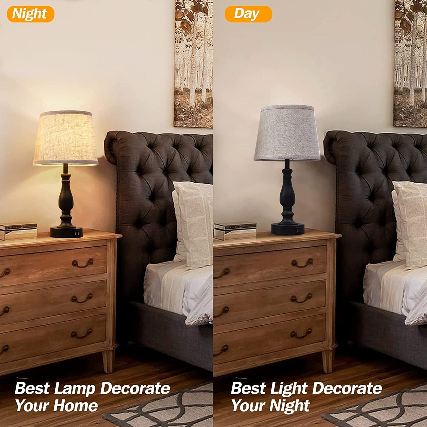 Table Lamps for Bedroom – Set of 2 with USB Charging Ports