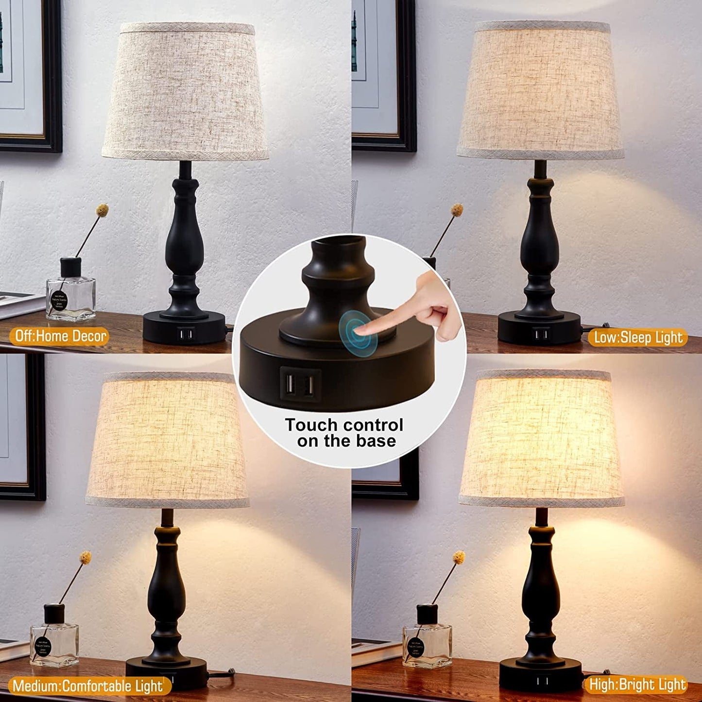 Table Lamps for Bedroom – Set of 2 with USB Charging Ports