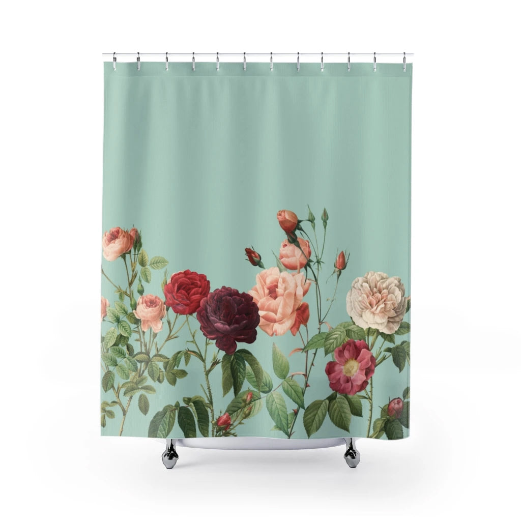 Rose Garden in Teal – Elegant Floral Shower Curtain