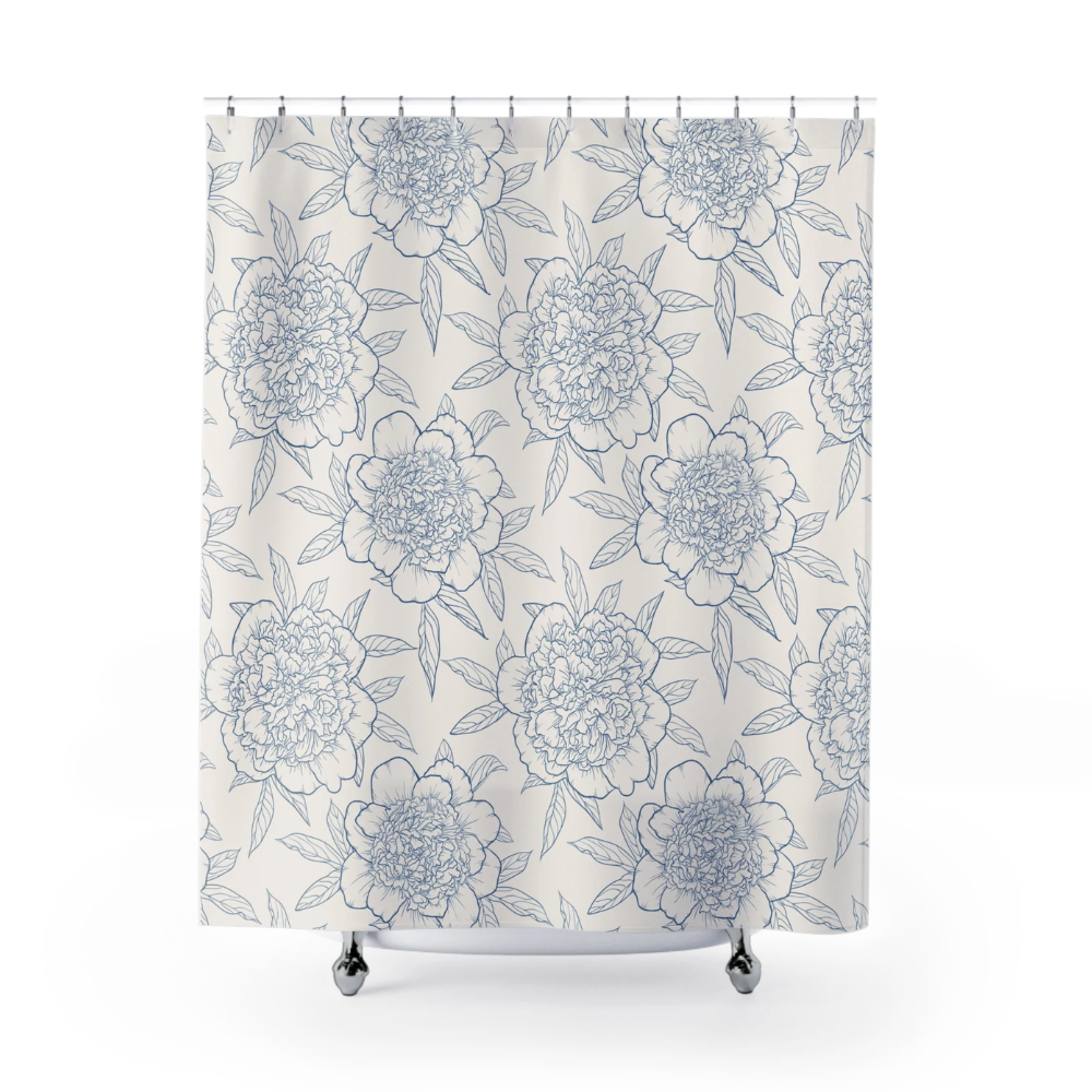 Blue Floral Outline – Elegant Botanical Shower Curtain