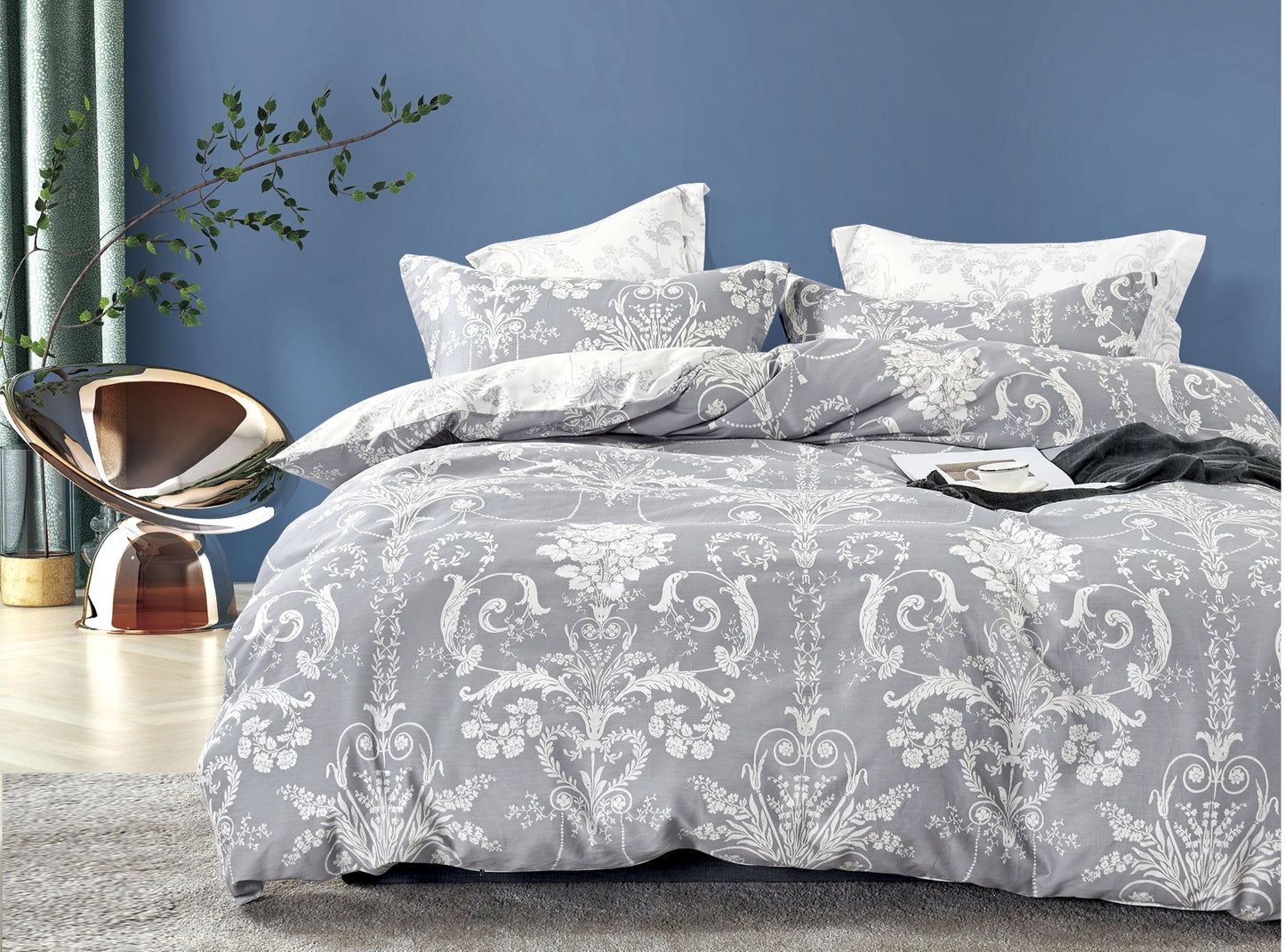 Lauren Damask Reversible Cotton Comforter Set – White/Grey
