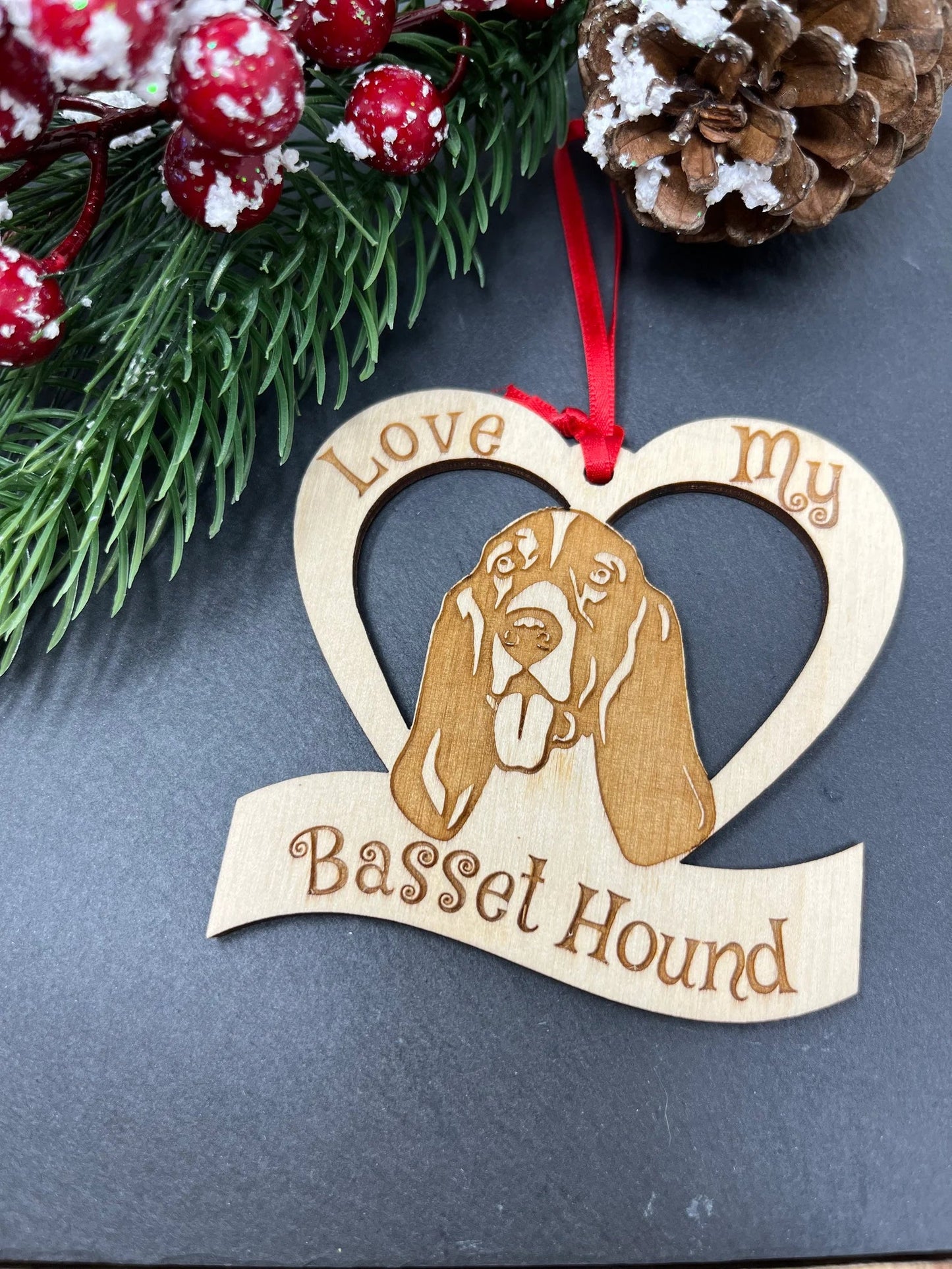 Love My Basset Hound β Laser Engraved Wooden Heart Ornament