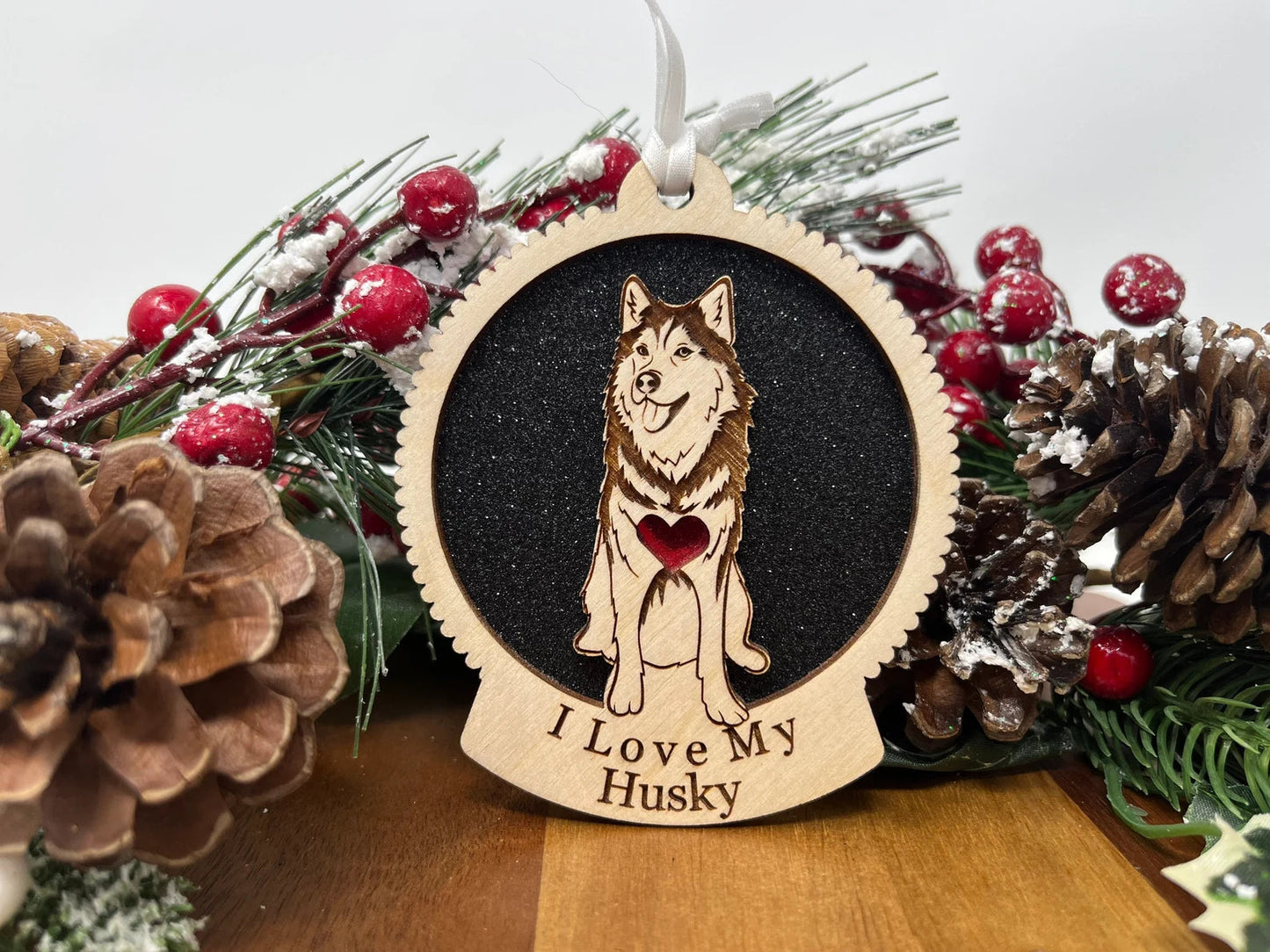 Love My Husky β Laser Engraved Round Wooden Ornament