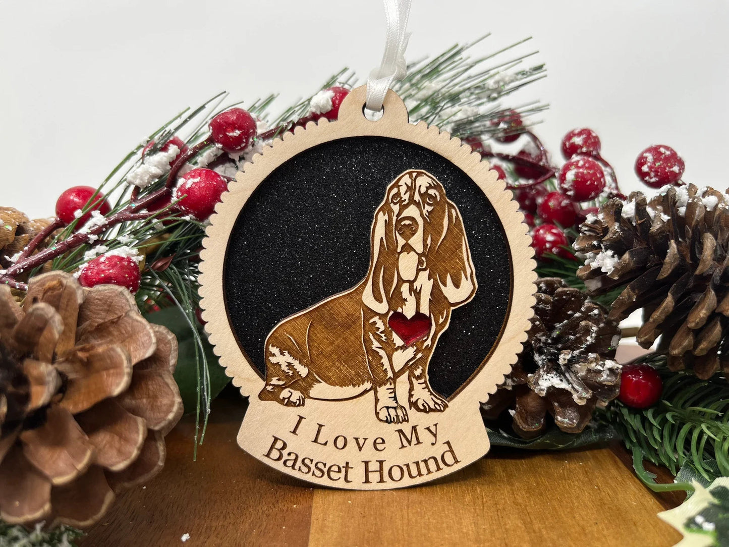 Love My Basset Hound – Laser Engraved Round Wooden Ornament