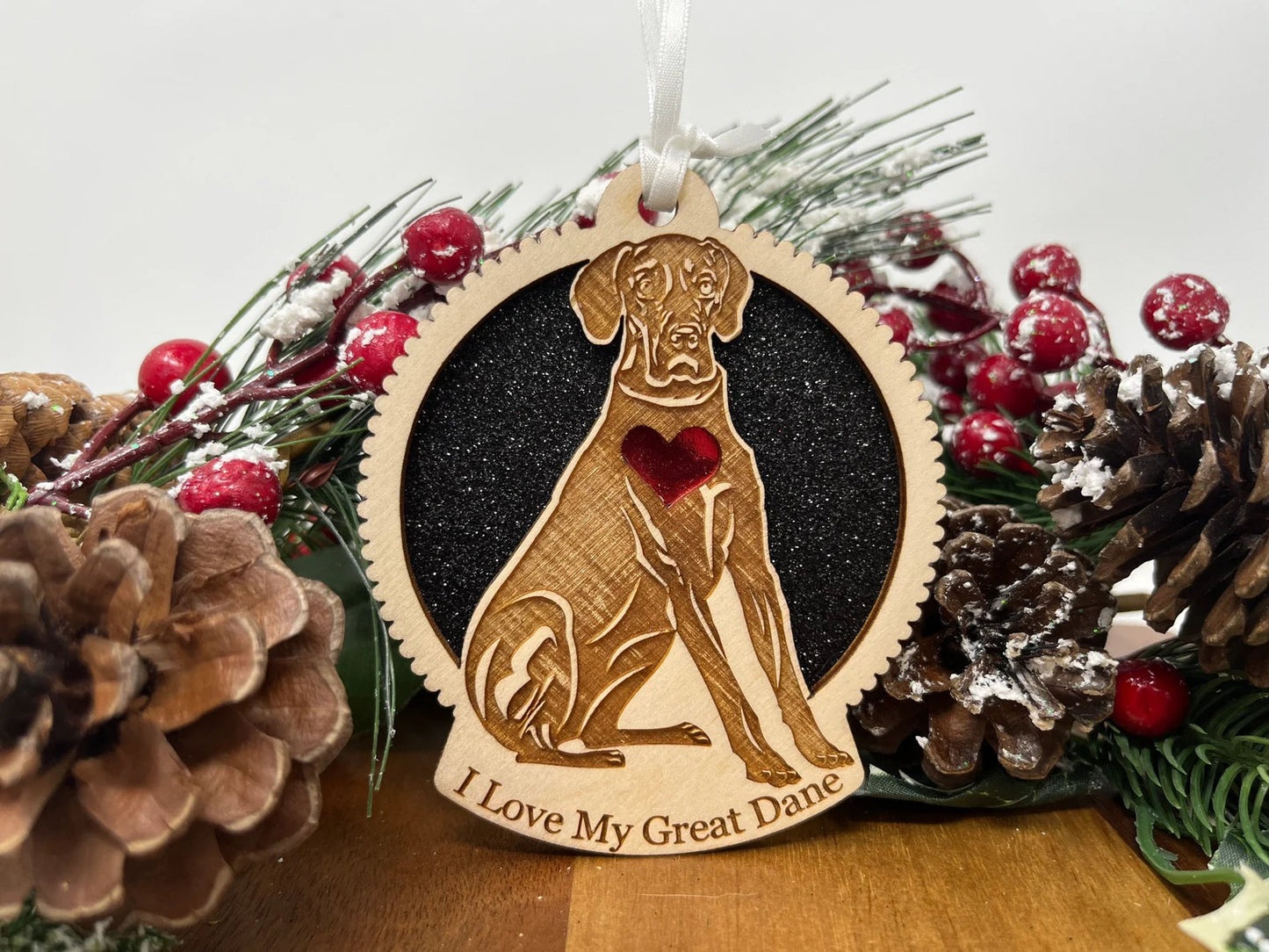 Love My Great Dane β Laser Engraved Round Wooden Ornament