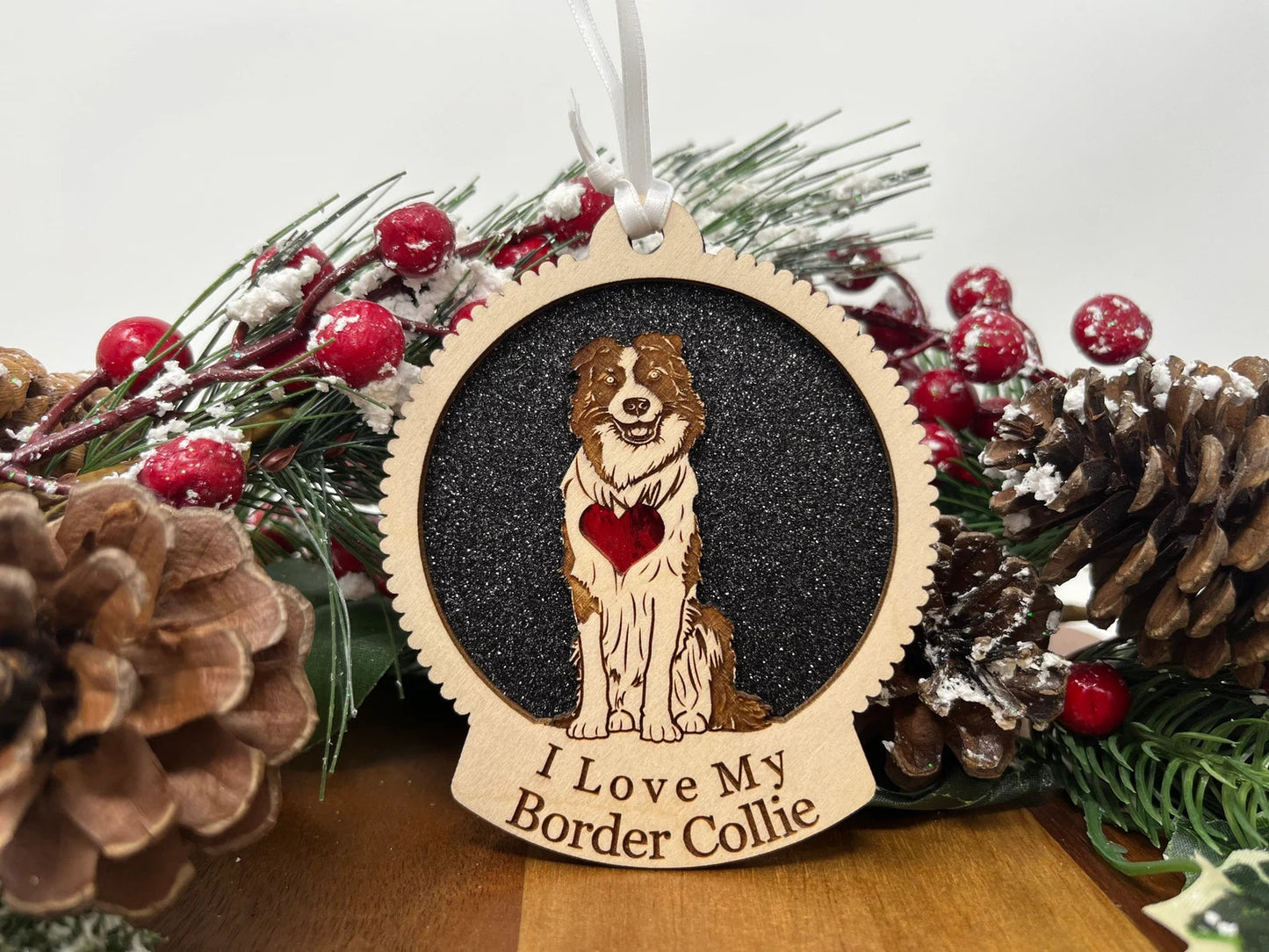 Love My Border Collie – Laser Engraved Round Wooden Ornament