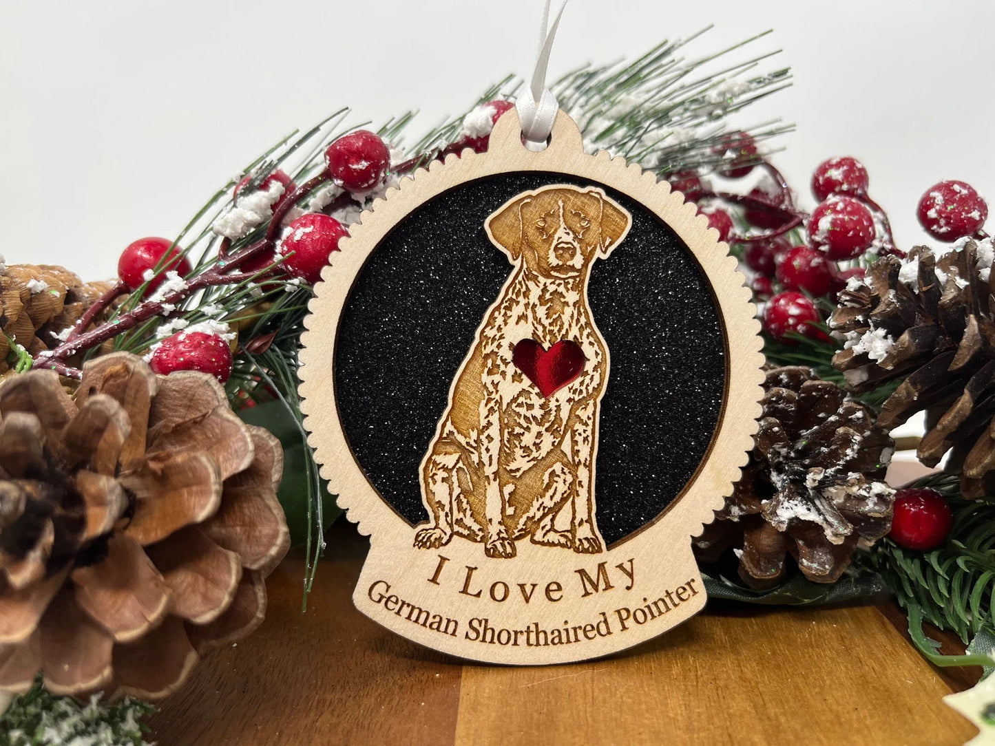 Love My German Shorthaired Pointer – Laser Engraved Round Wooden Ornament