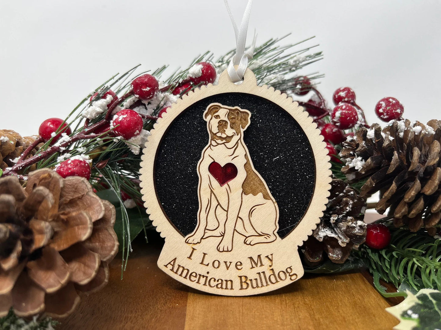 Love My American Bulldog β Laser Engraved Round Wooden Ornament