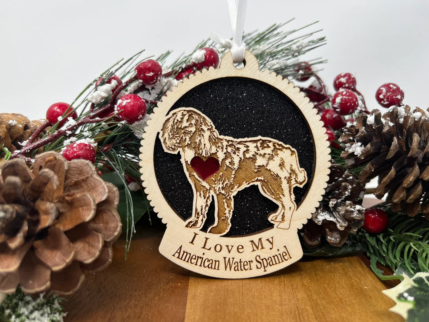 Love My American Water Spaniel β Laser Engraved Round Wooden Ornament