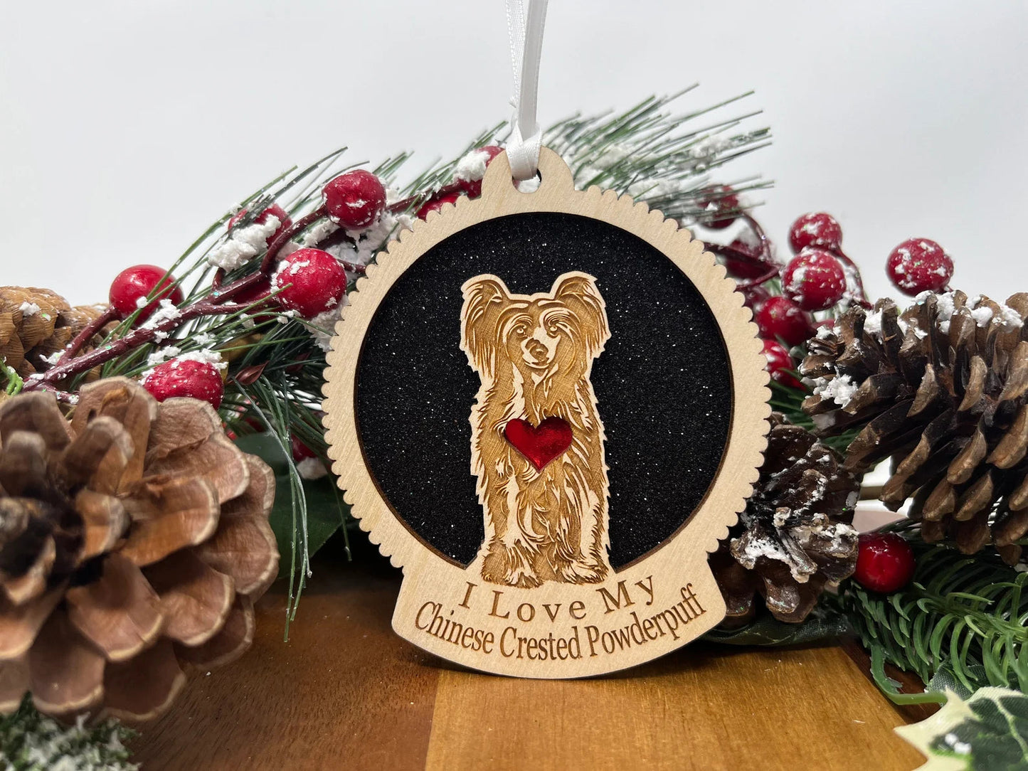 Love My Chinese Crested Powderpuff β Laser Engraved Round Wooden Ornament