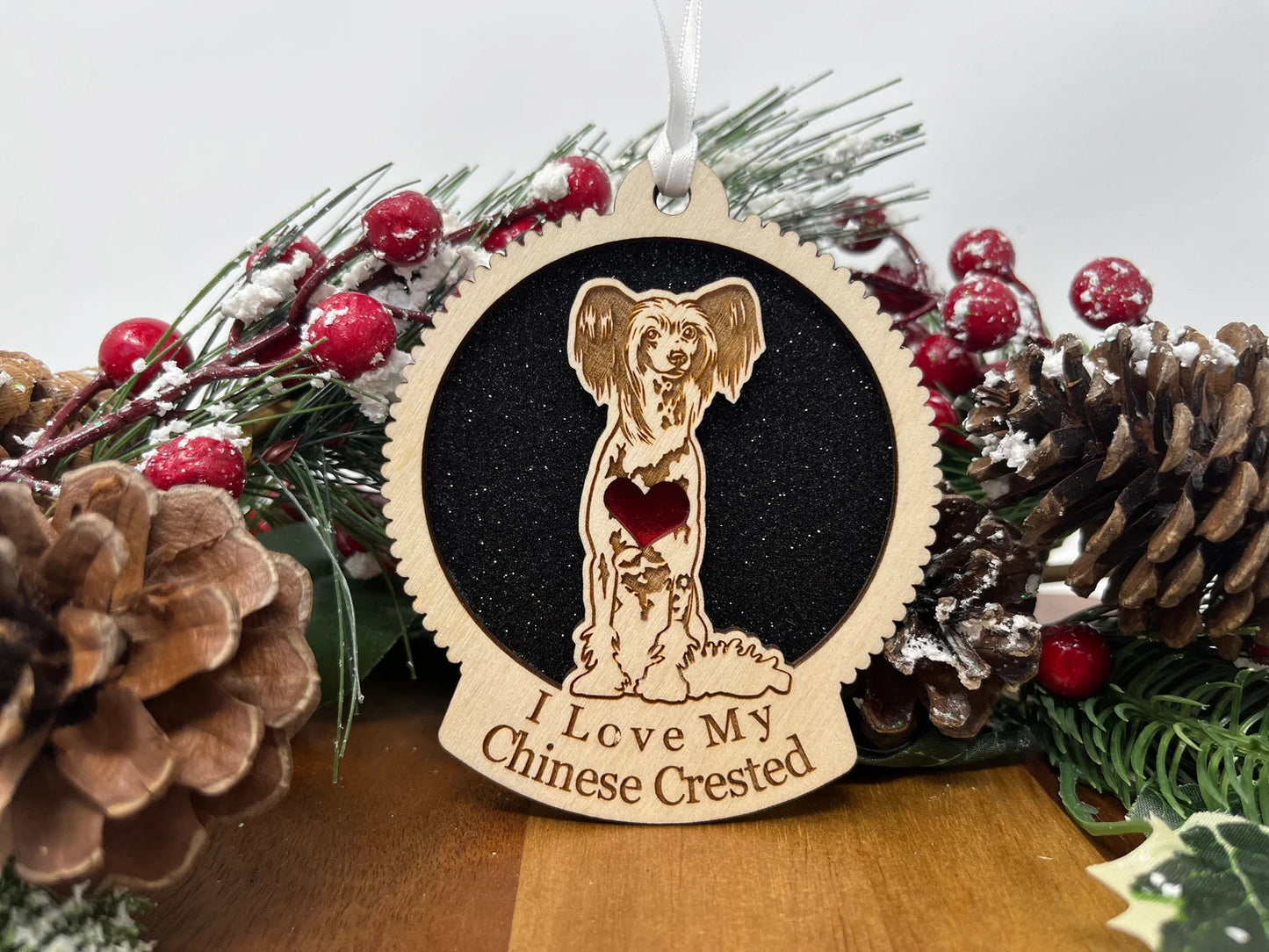 Love My Chinese Crested β Laser Engraved Round Wooden Ornament