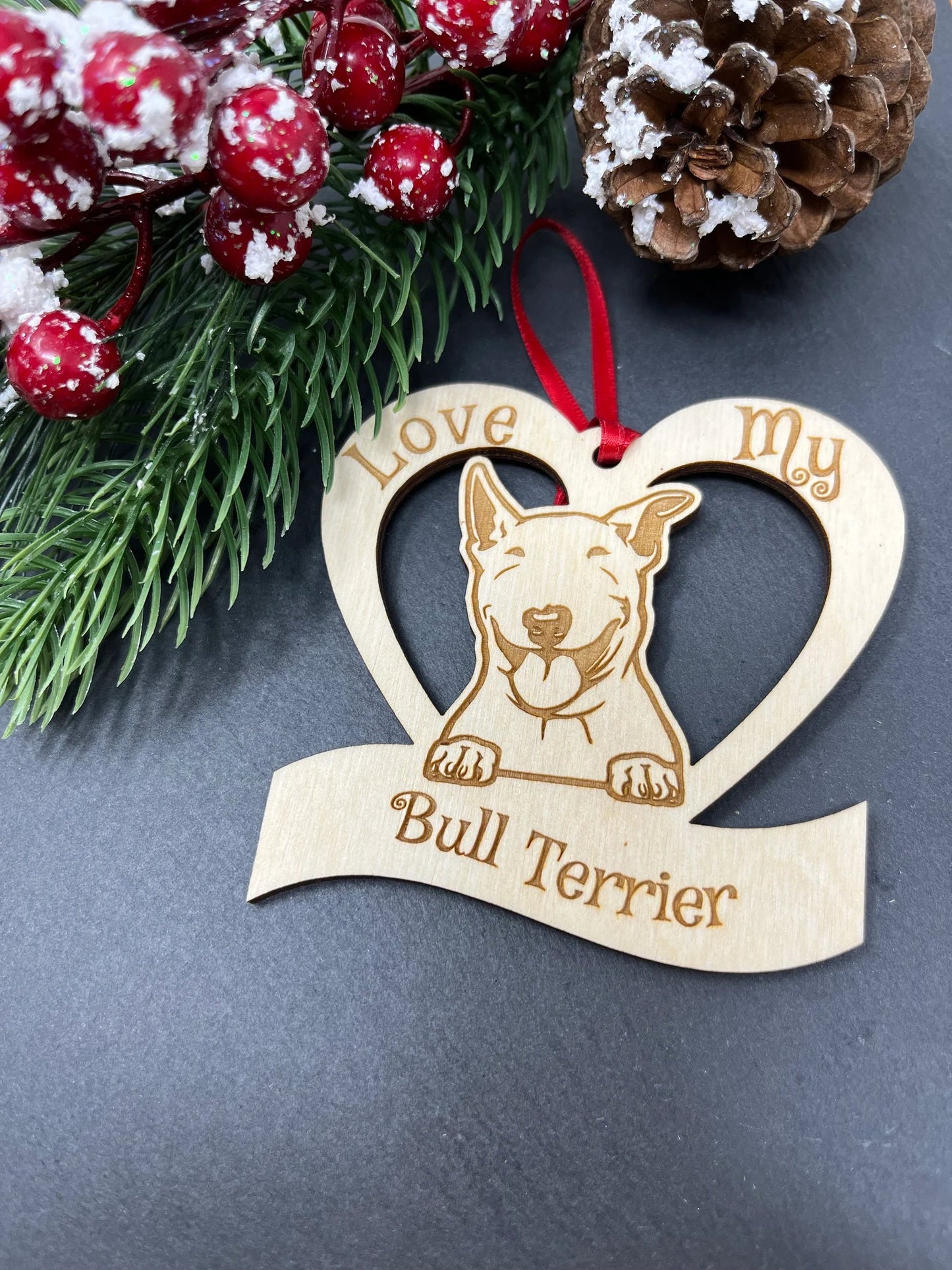 Love My Bull Terrier β Laser Engraved Wooden Heart Ornament