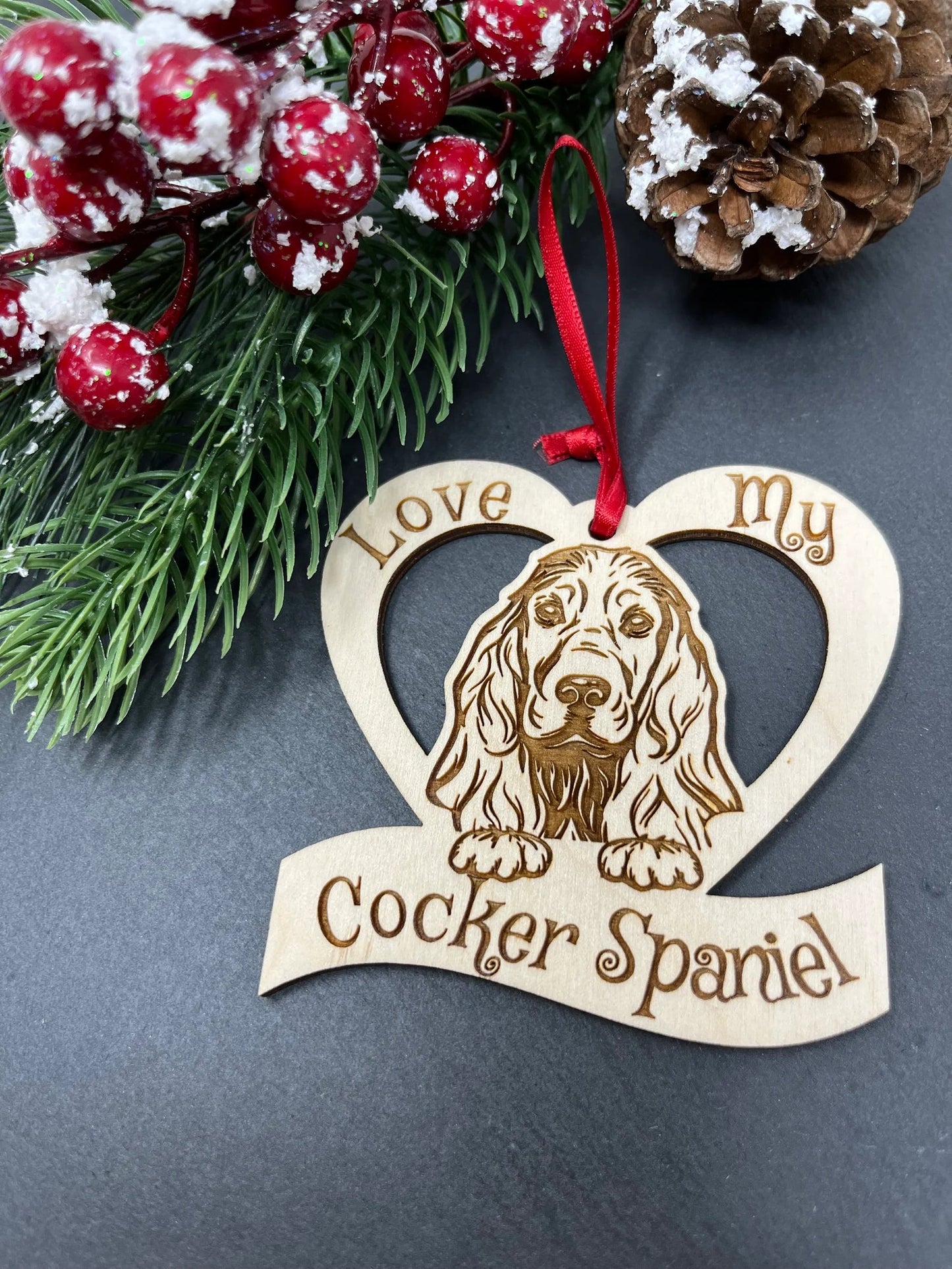 Love My Cocker Spaniel β Laser Engraved Wooden Heart Ornament