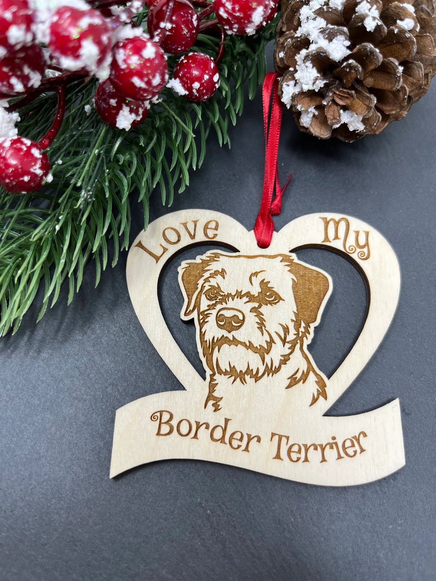 Love My Border Terrier β Laser Engraved Wooden Heart Ornament