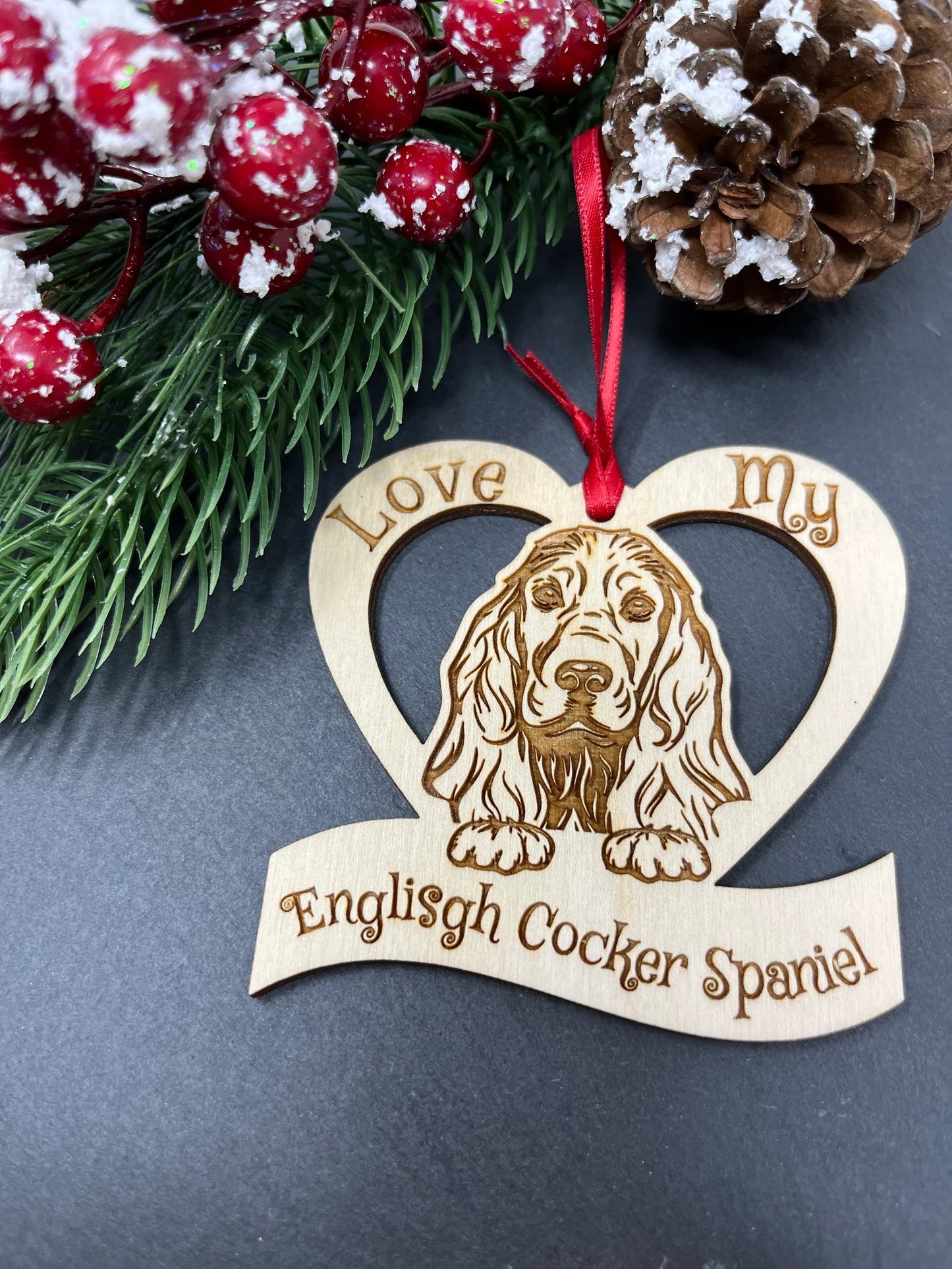 Love My English Cocker Spaniel β Laser Engraved Wooden Heart Ornament