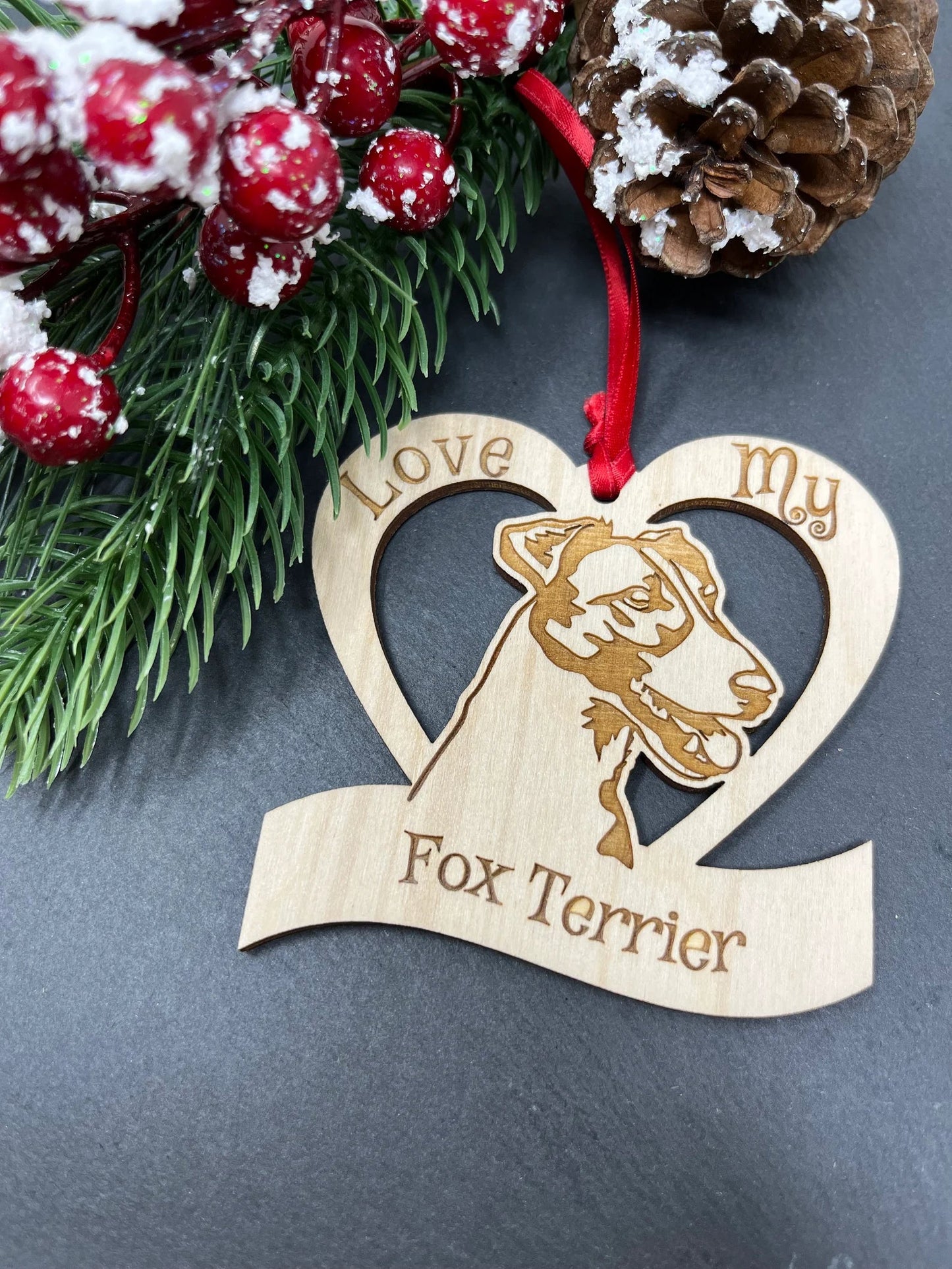 Love My Fox Terrier β Laser Engraved Wooden Heart Ornament