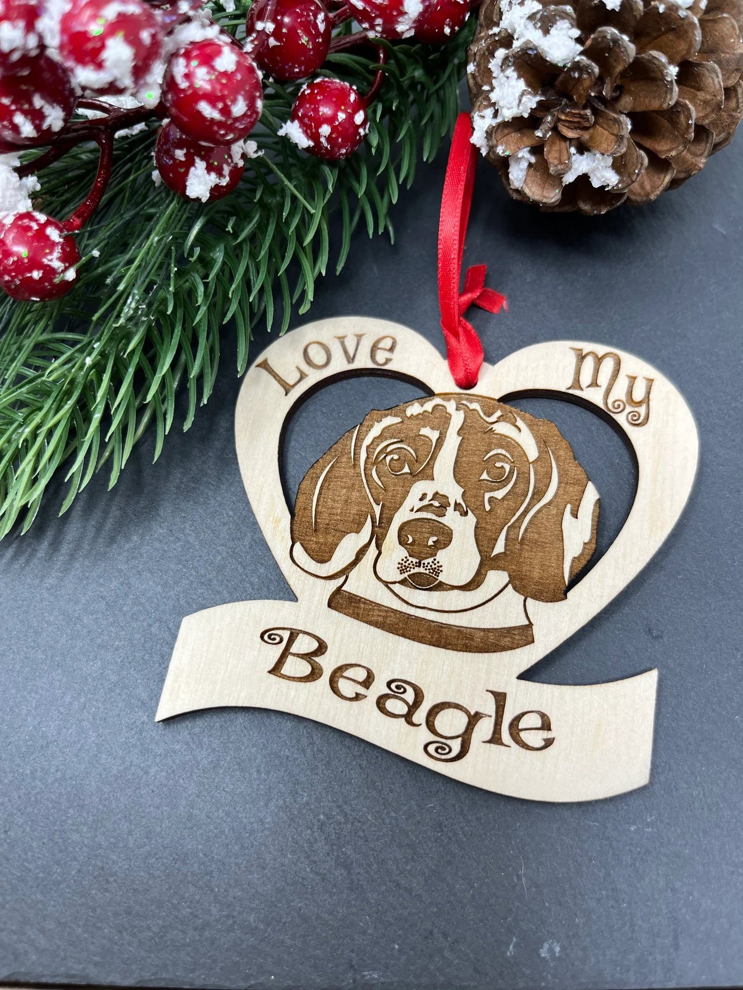 Love My Beagle β Laser Engraved Wooden Heart Ornament