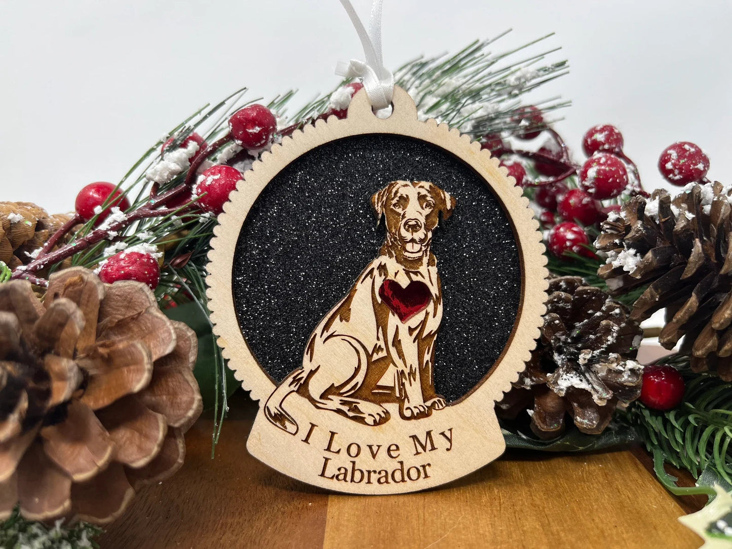 Love My Labrador β Laser Engraved Round Wooden Ornament