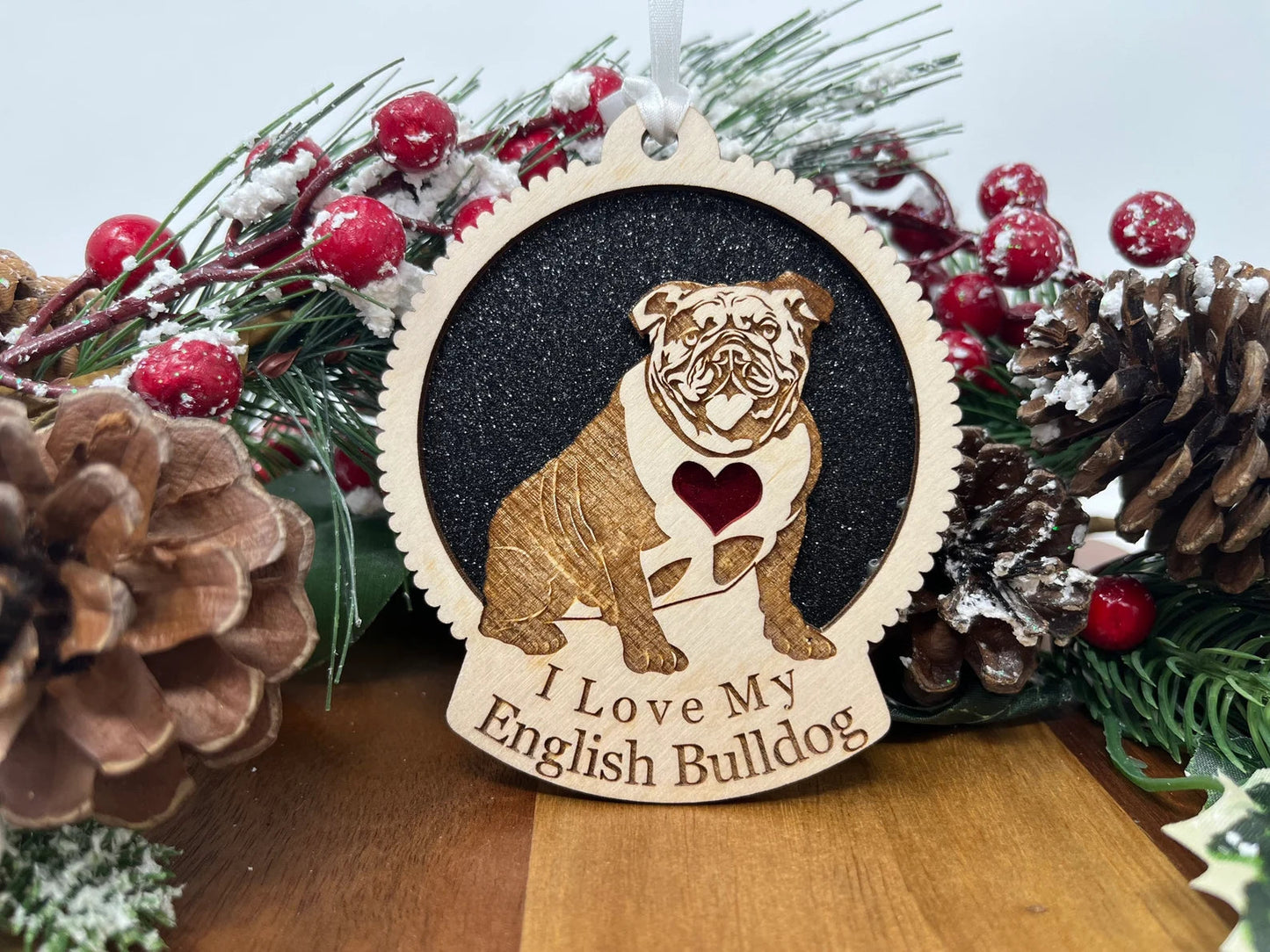 Love My English Bulldog β Laser Engraved Round Wooden Ornament