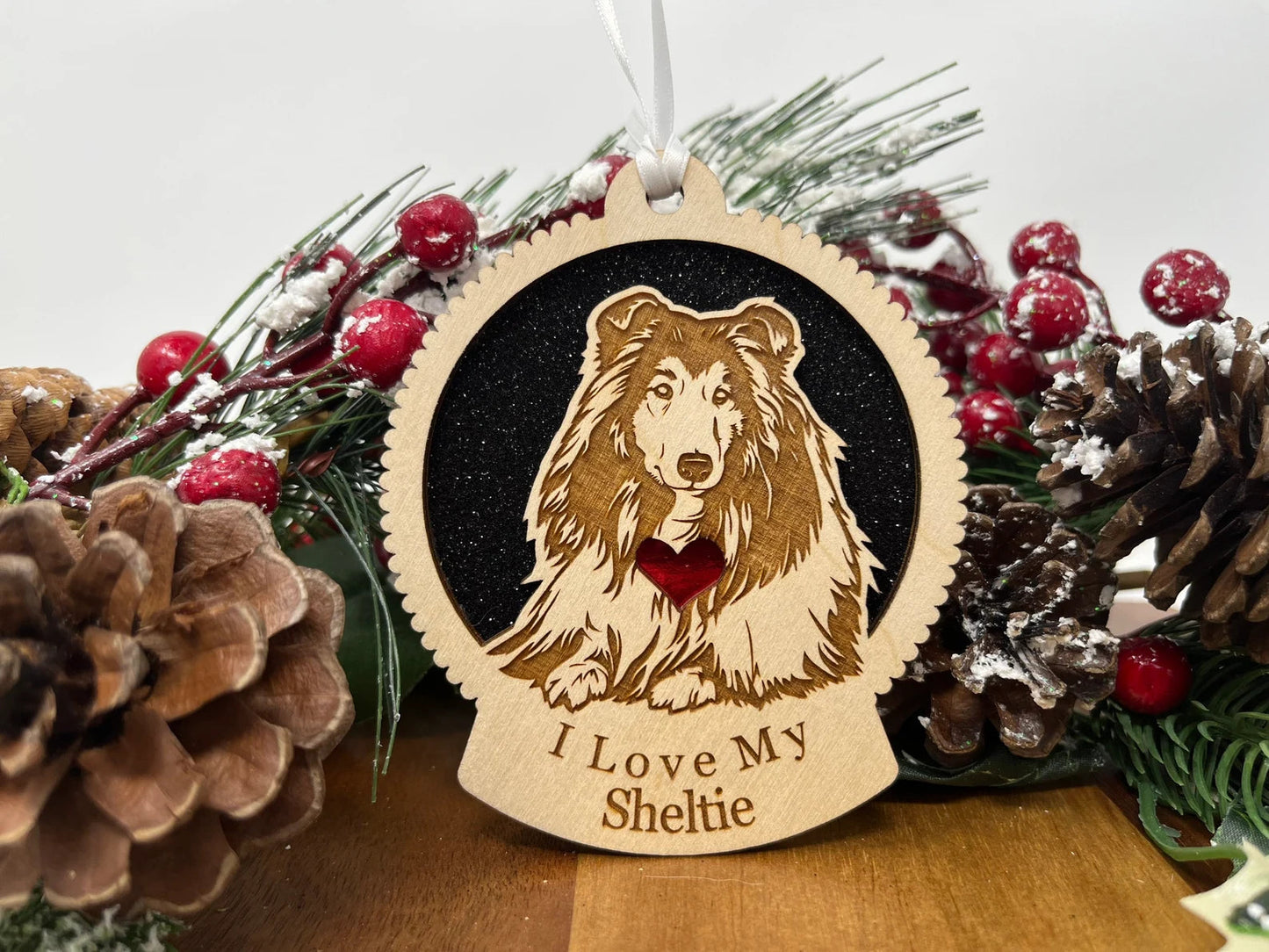 Love My Sheltie β Laser Engraved Round Wooden Ornament