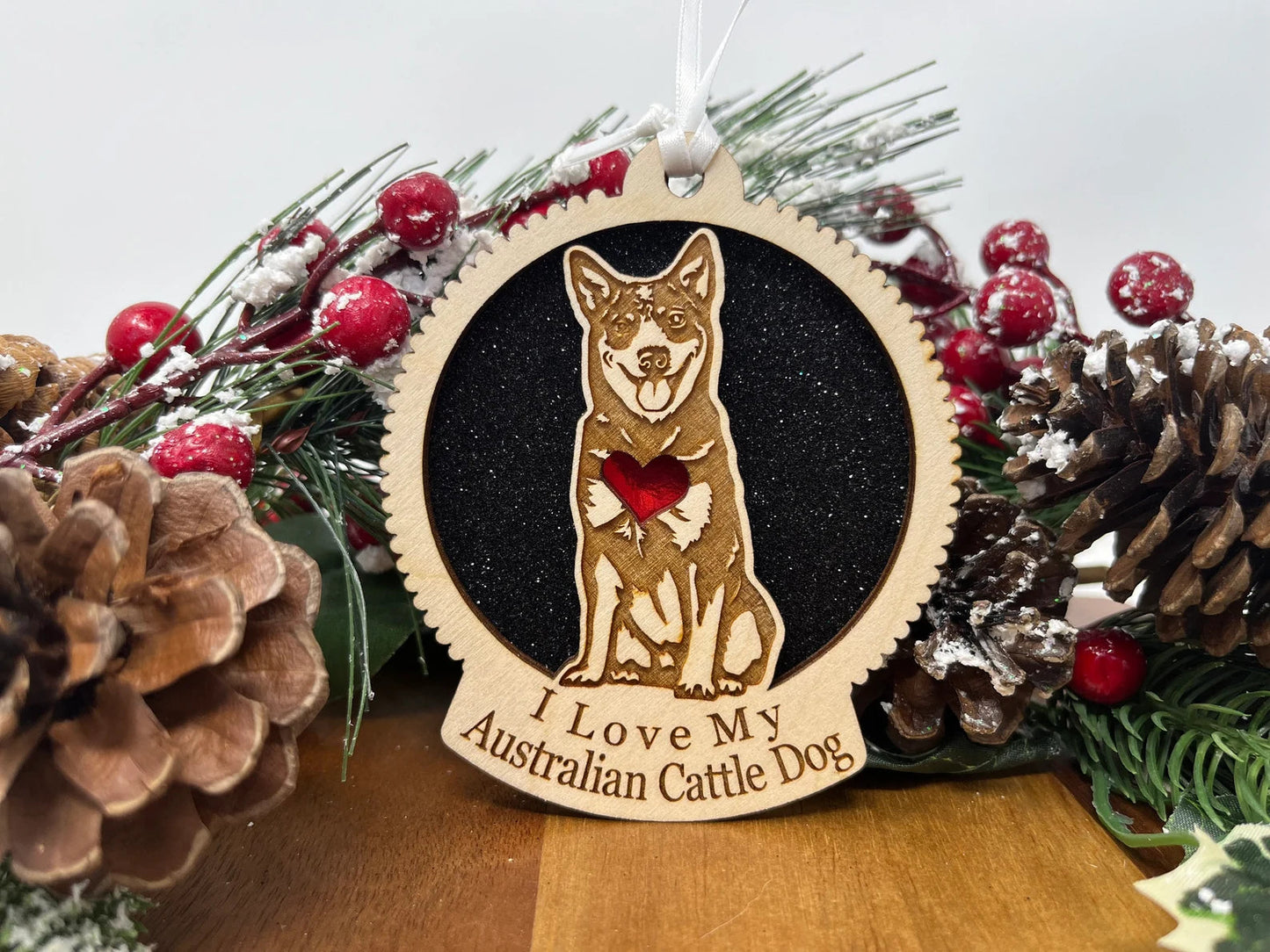 Love My Australian Cattle Dog β Laser Engraved Round Wooden Ornament