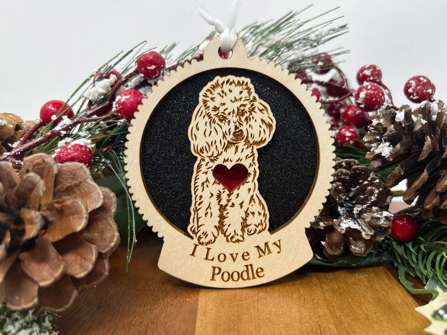 Love My Poodle β Laser Engraved Round Wooden Ornament