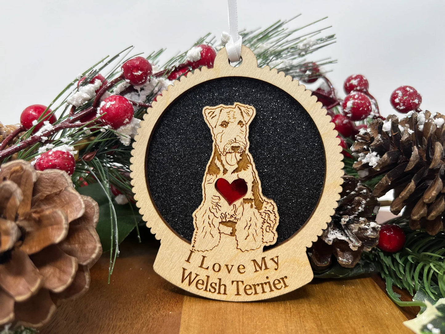 Love My Welsh Terrier β Laser Engraved Round Wooden Ornament