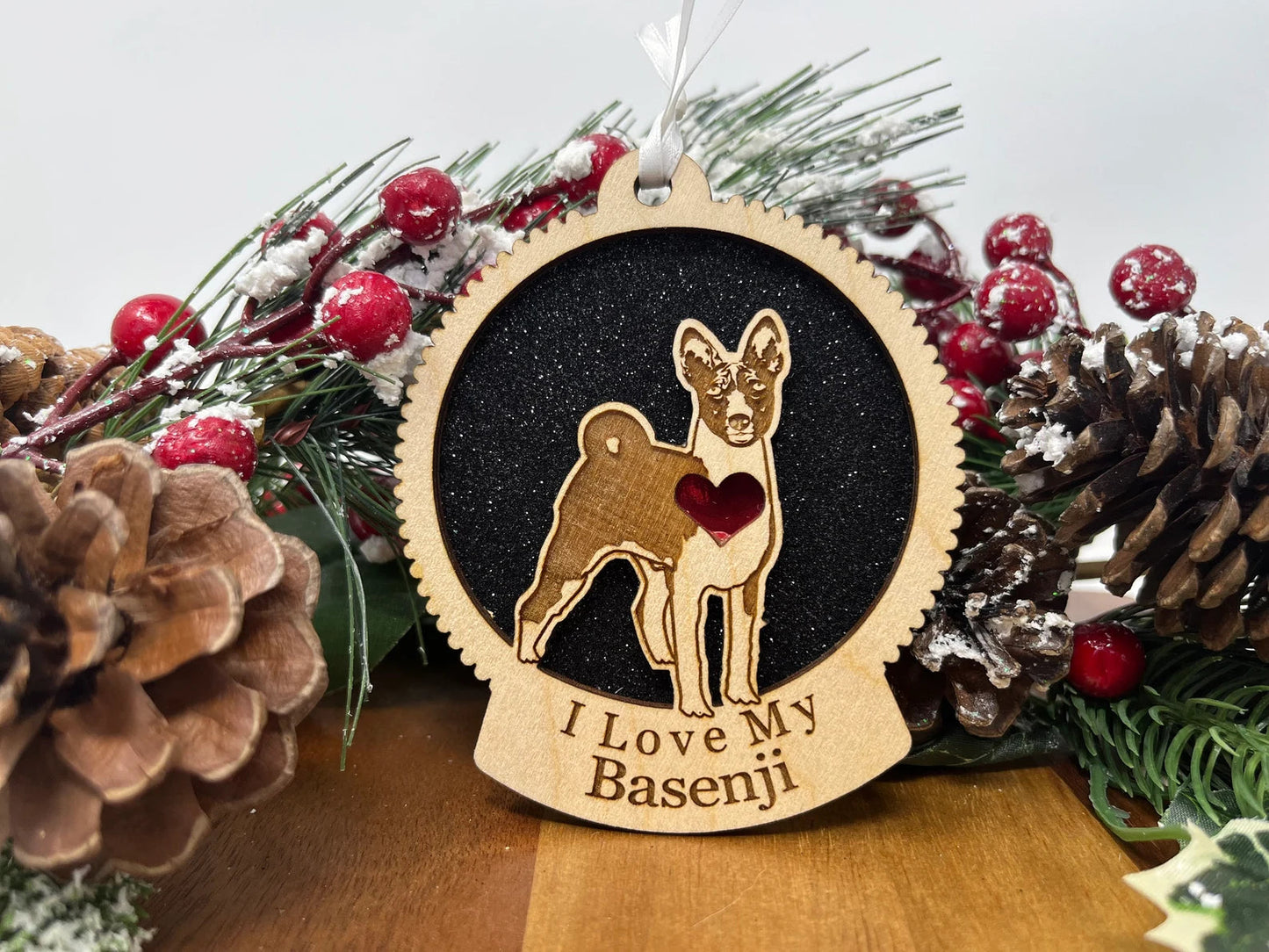Love My Basenji - Laser Engraved Round Wooden Ornament