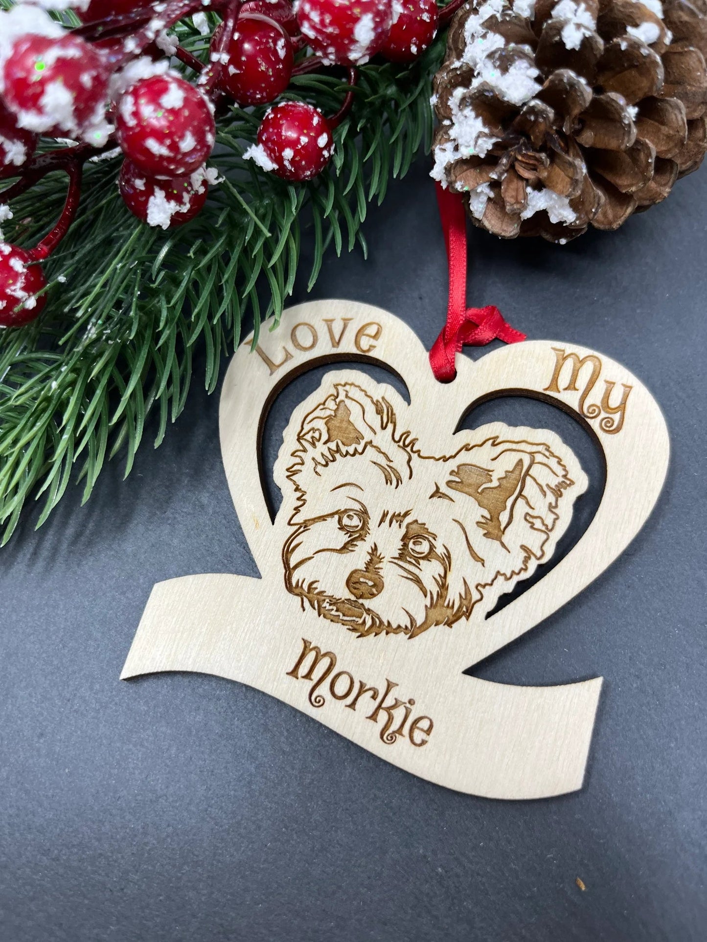 Love My Morkie - Laser Engraved Wooden Heart Ornament