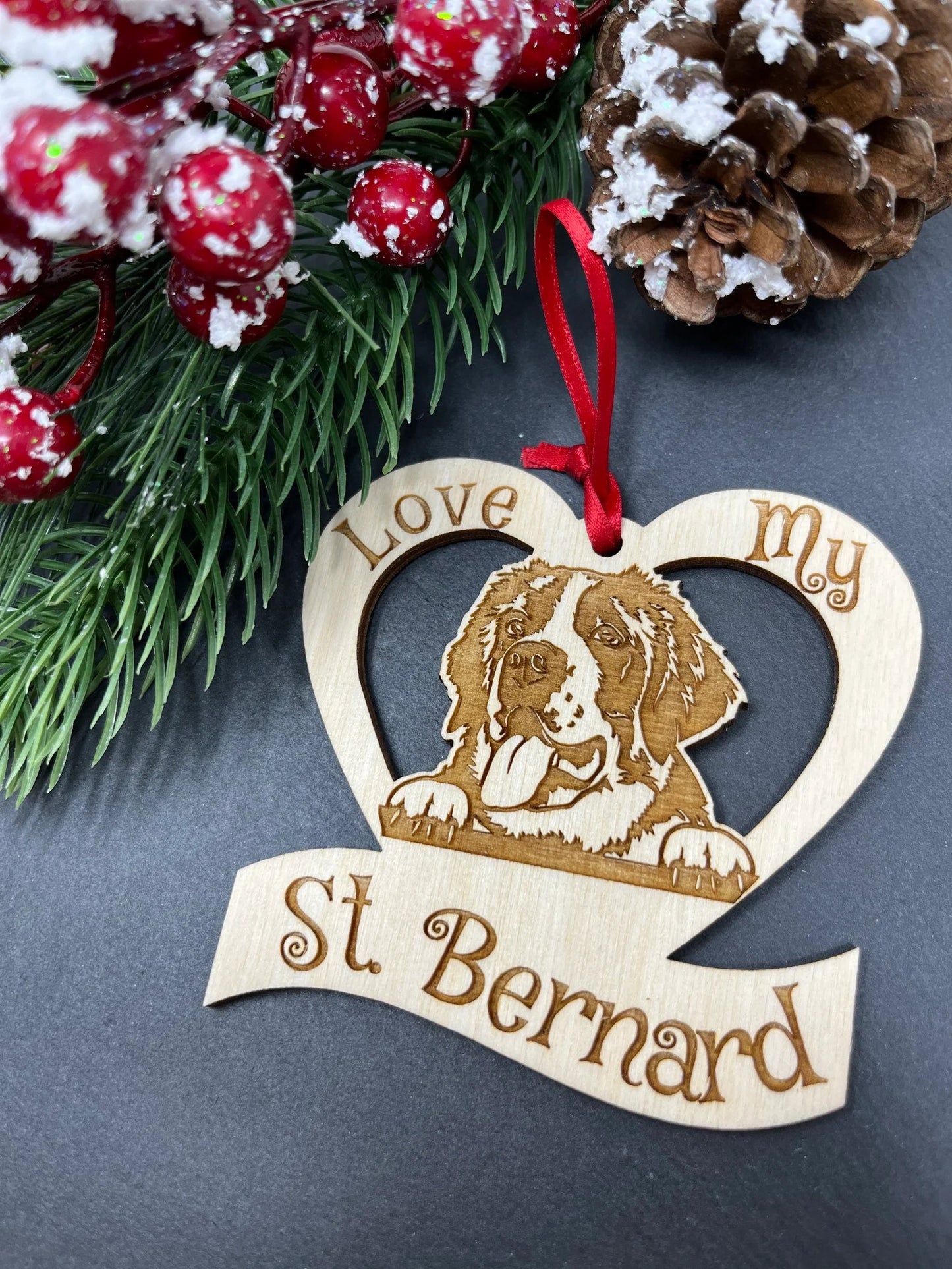Love My Saint Bernard β Laser Engraved Wooden Heart Ornament
